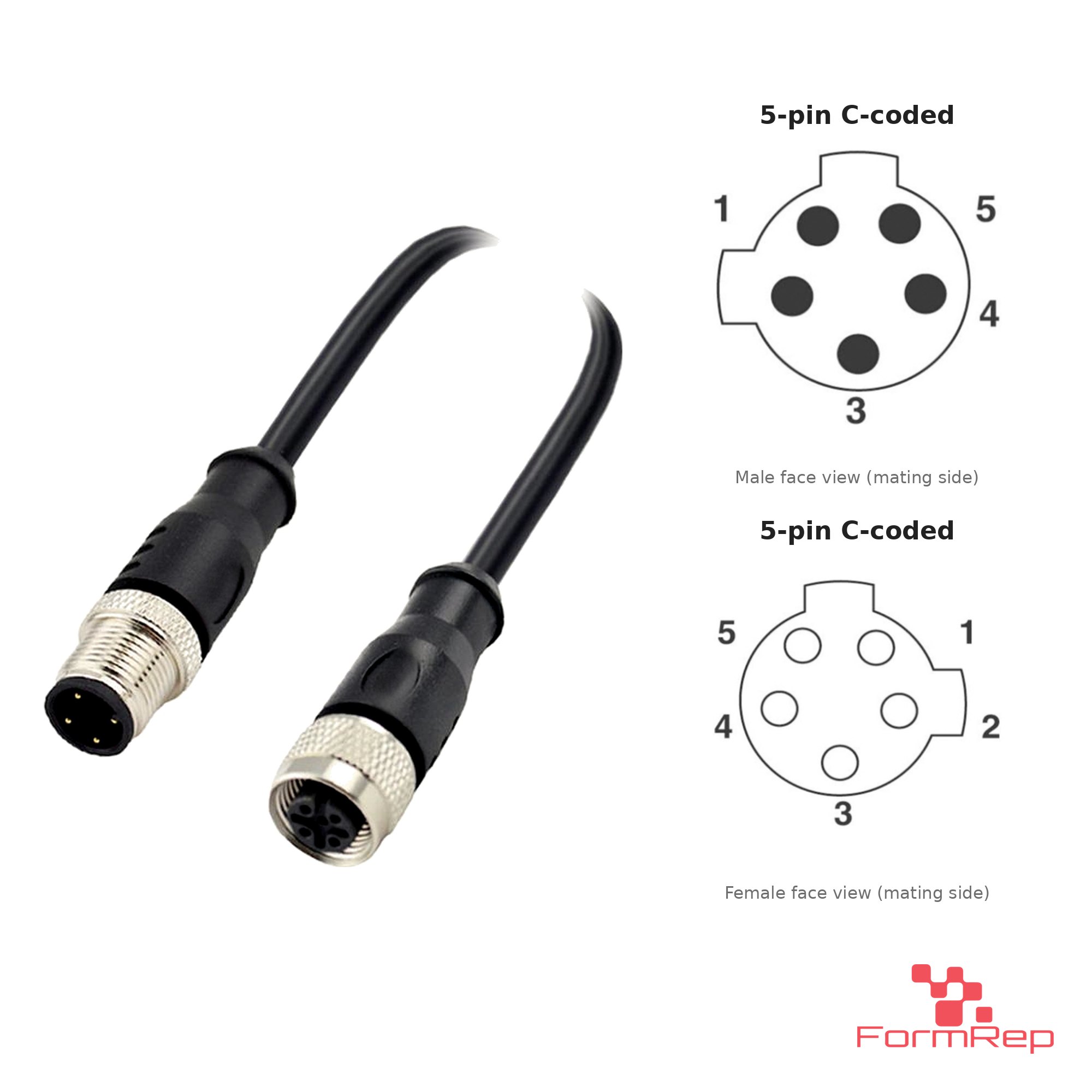 M12 C-Coded Male to Female Straight Extension Cable, 5-pin, with pin layout