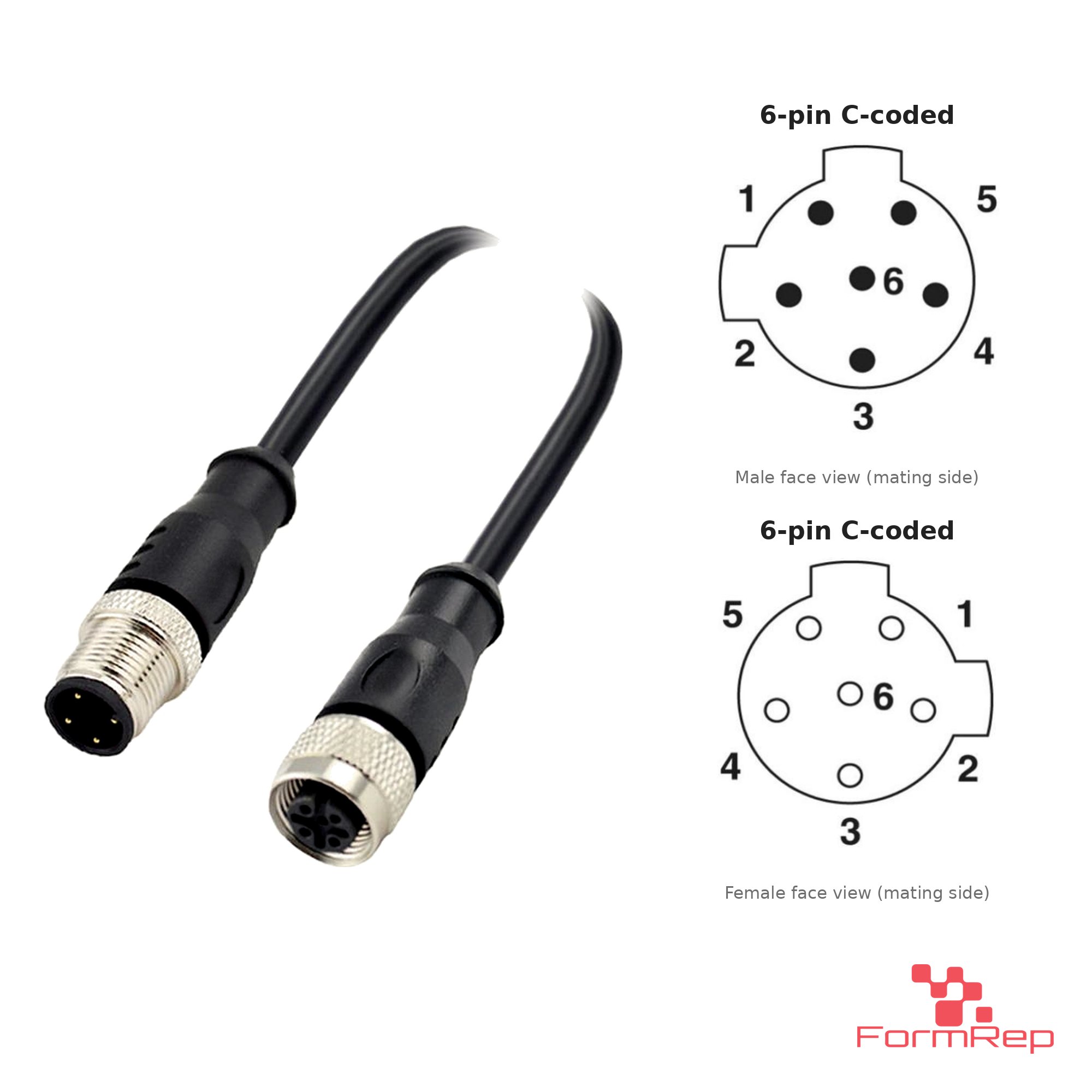 M12 C-Coded Male to Female Straight Extension Cable, 6-pin, with pin layout