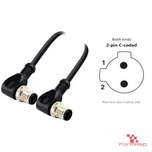 M12 C-Coded Male to Male Right-Angle Cable, 2-pin, with pin layout