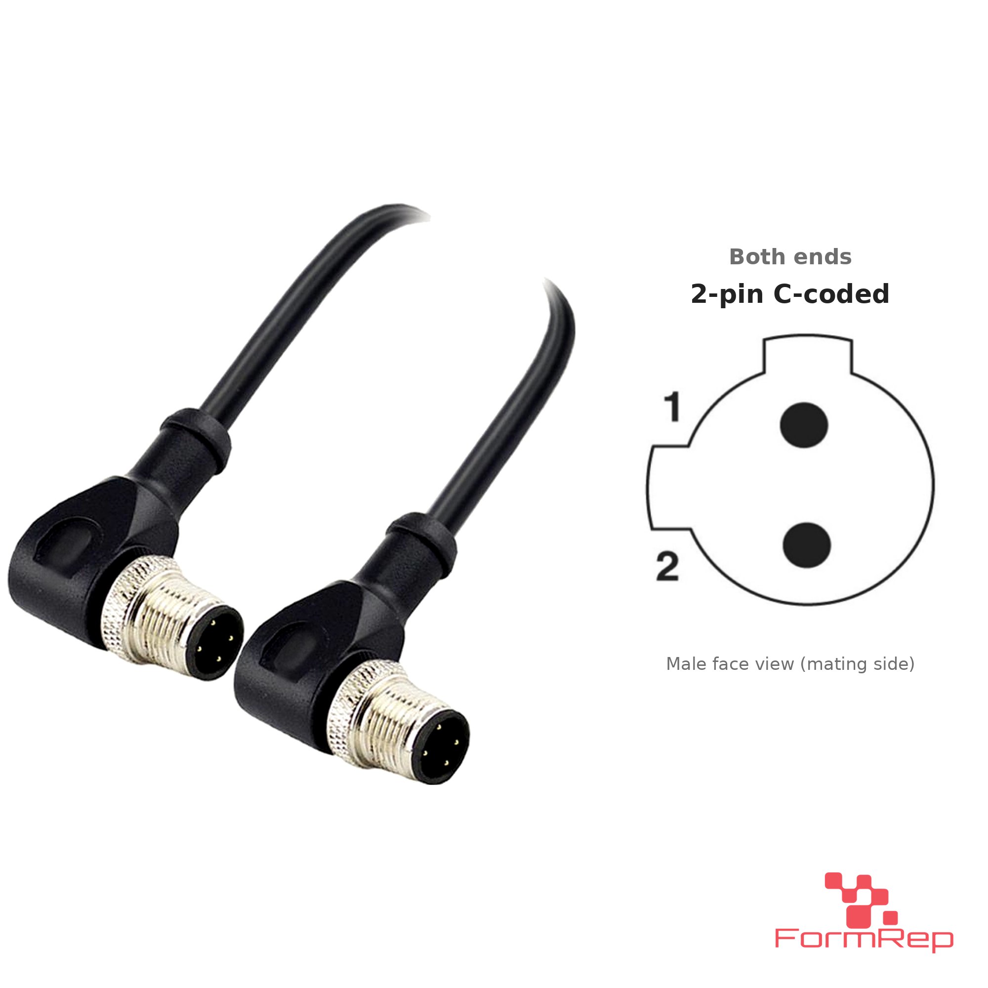 M12 C-Coded Male to Male Right-Angle Cable, 2-pin, with pin layout M12 C-Coded Male to Male Right-Angle Cable, 2-pin, with pin layout