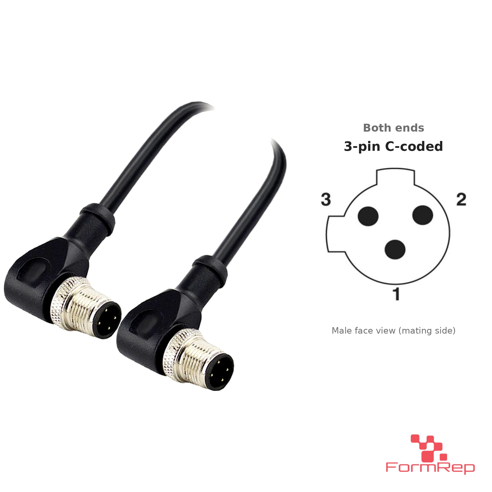 M12 C-Coded Male to Male Right-Angle Cable, 3-pin, with pin layout M12 C-Coded Male to Male Right-Angle Cable, 3-pin, with pin layout