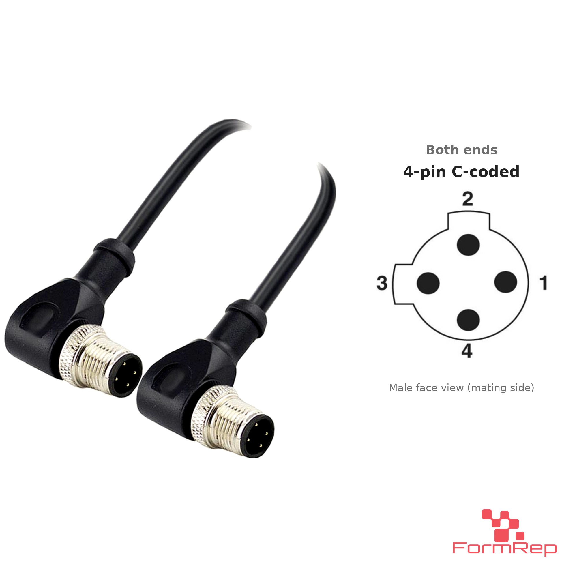 M12 C-Coded Male to Male Right-Angle Cable, 4-pin, with pin layout M12 C-Coded Male to Male Right-Angle Cable, 4-pin, with pin layout