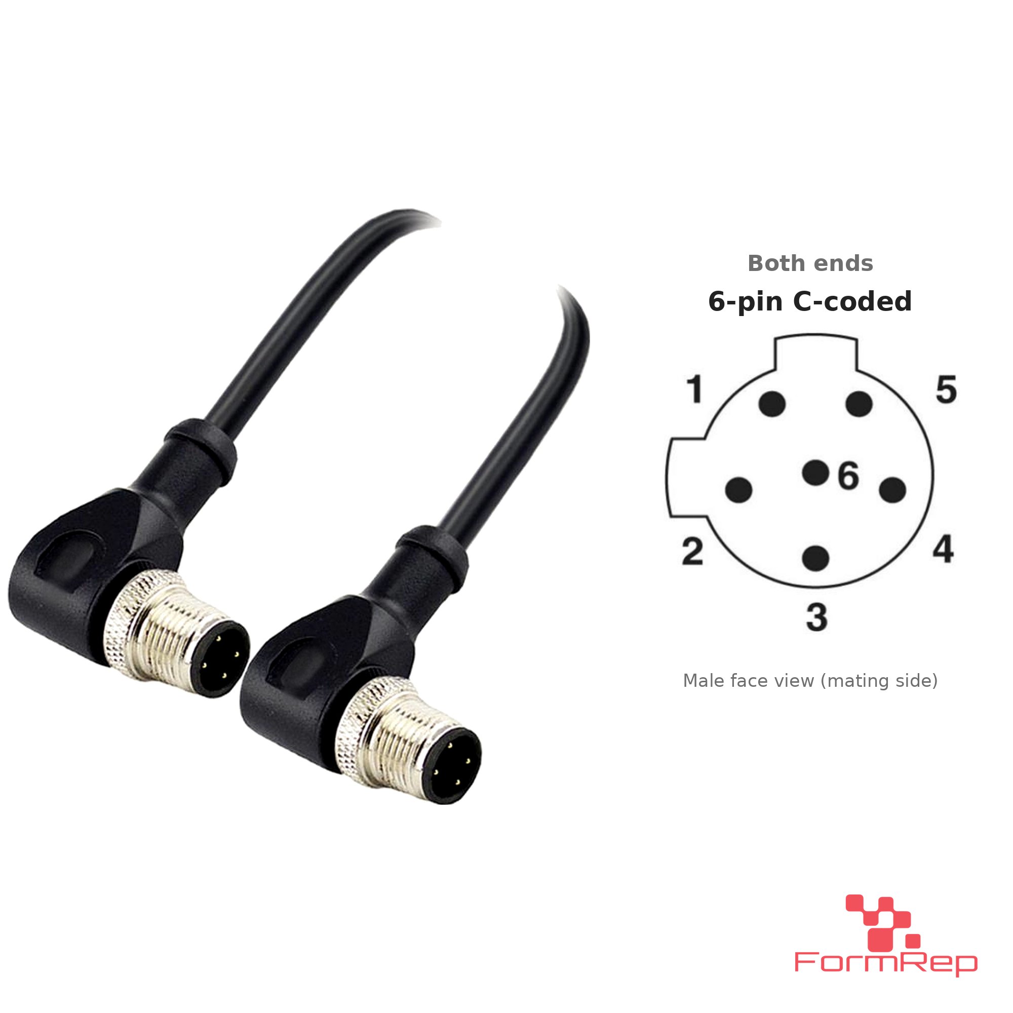 M12 C-Coded Male to Male Right-Angle Cable, 6-pin, with pin layout M12 C-Coded Male to Male Right-Angle Cable, 6-pin, with pin layout