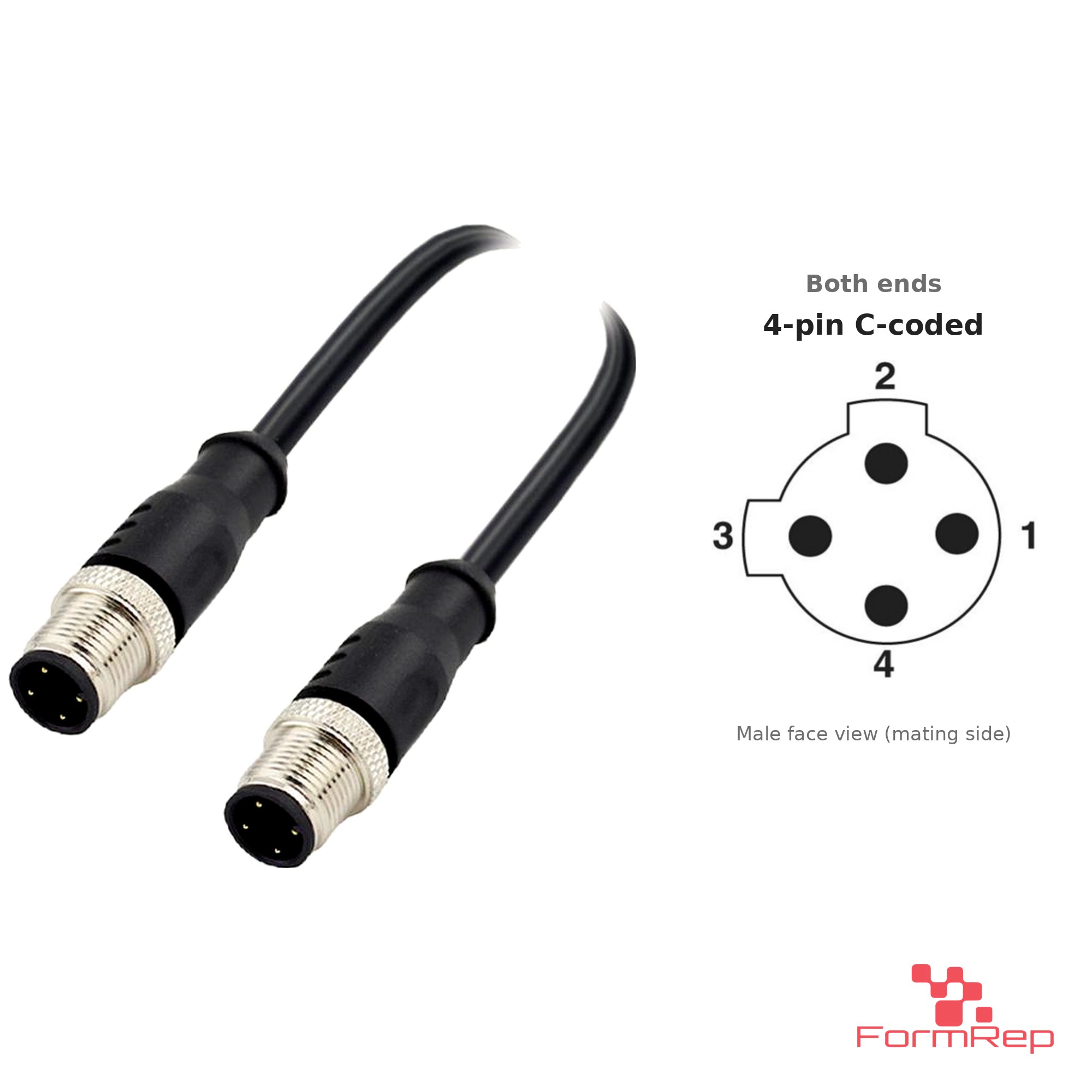 M12 C-Coded Male to Male Straight Cable, 4-pin, with pin layout