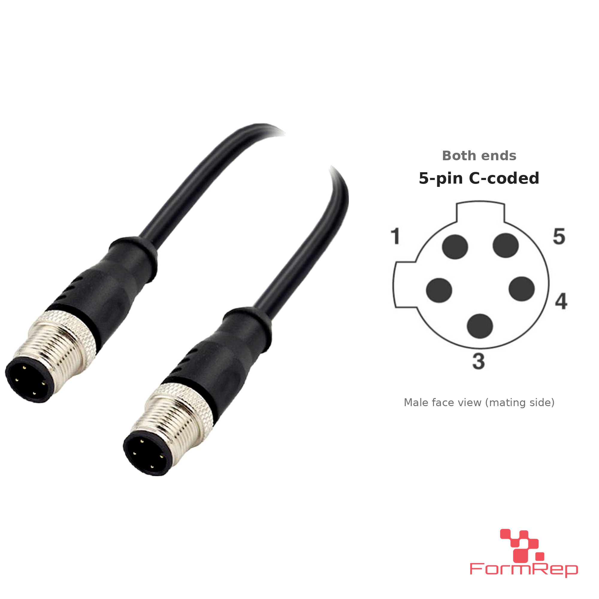 M12 C-Coded Male to Male Straight Cable, 5-pin, with pin layout