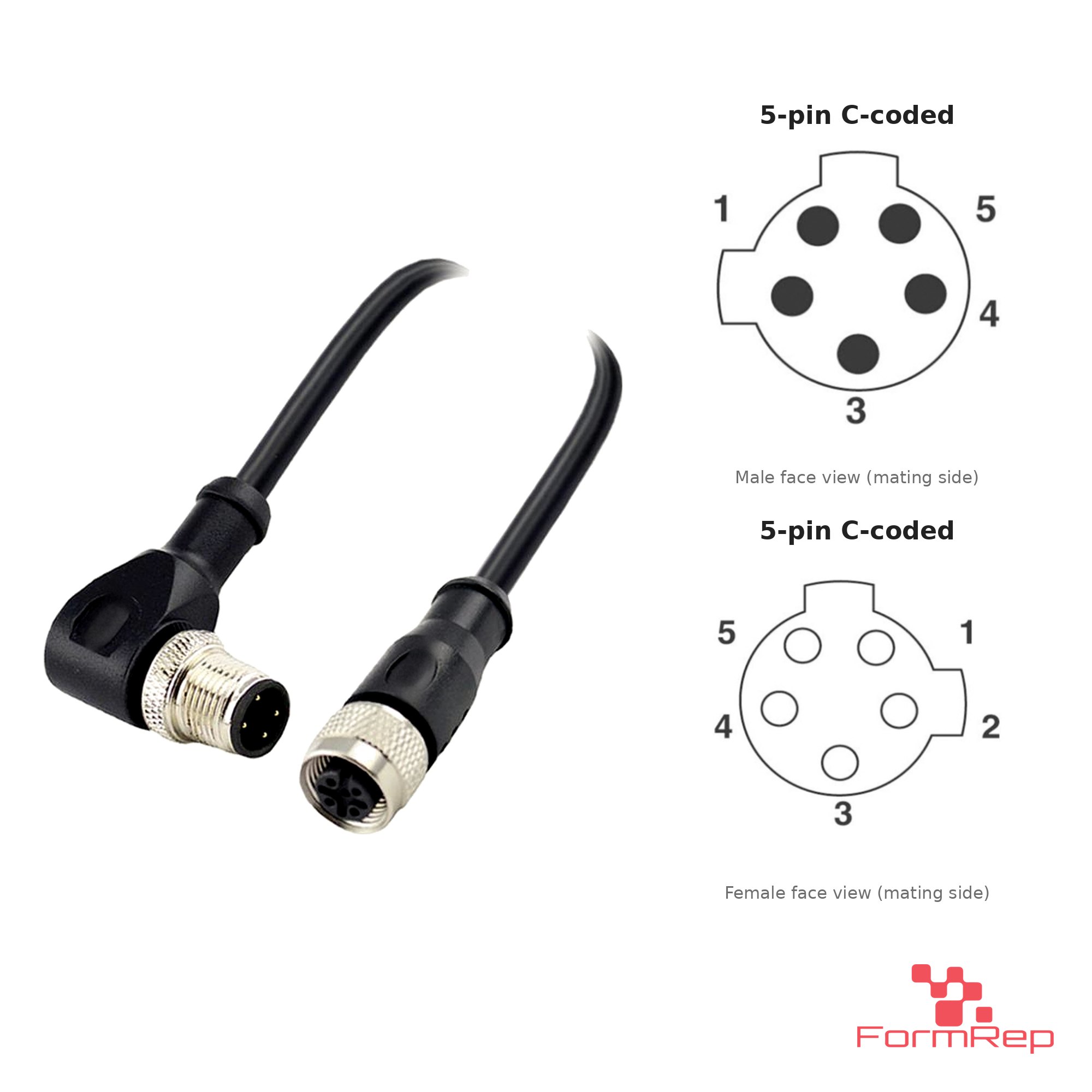 M12 C-Coded Male Right-Angle to Female Straight Cable, 5-pin, with pin layout M12 C-Coded Male Right-Angle to Female Straight Cable, 5-pin, with pin layout
