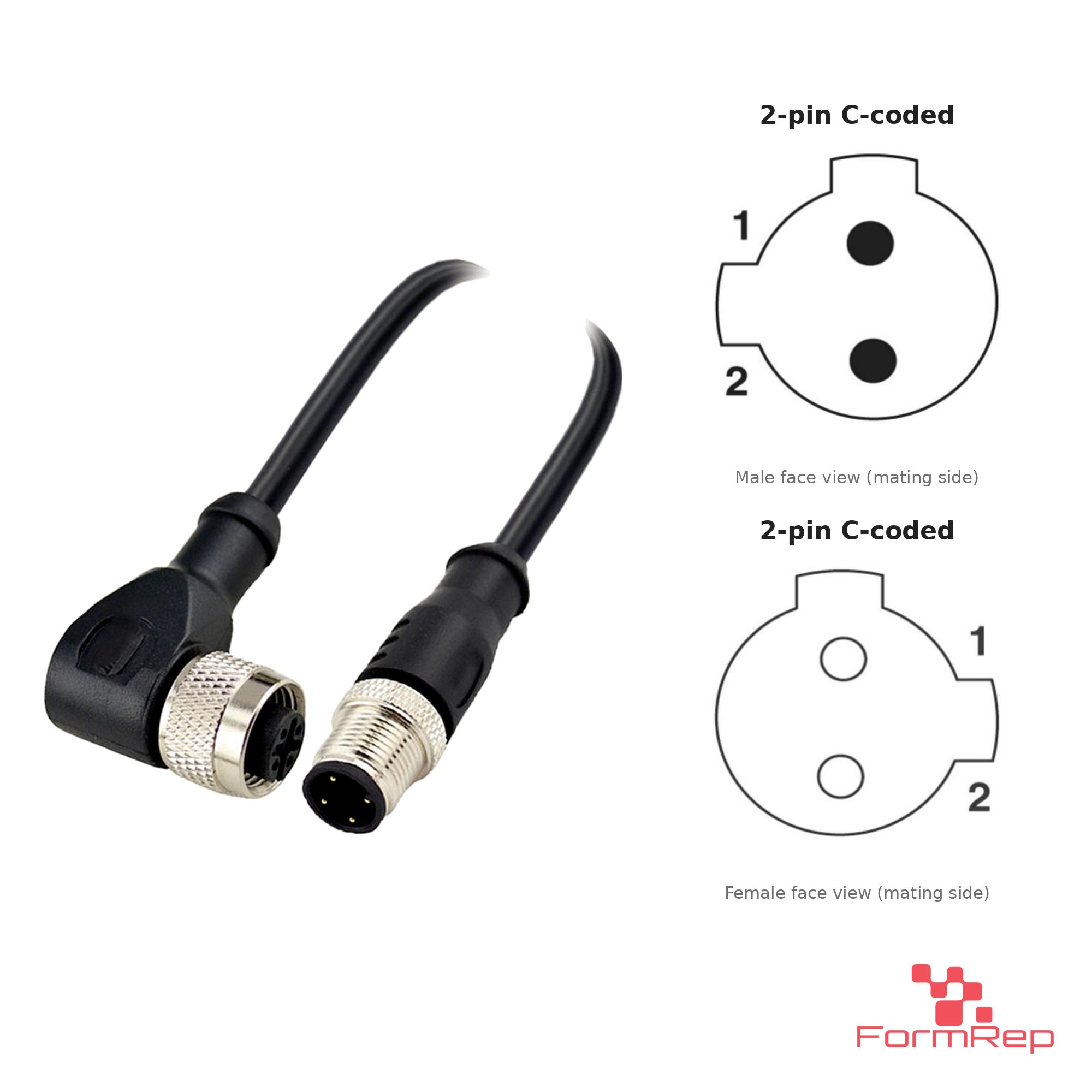 M12 C-Coded Male Straight to Female Right-Angle Cable, 2-pin, with pin layout M12 C-Coded Male Straight to Female Right-Angle Cable, 2-pin, with pin layout