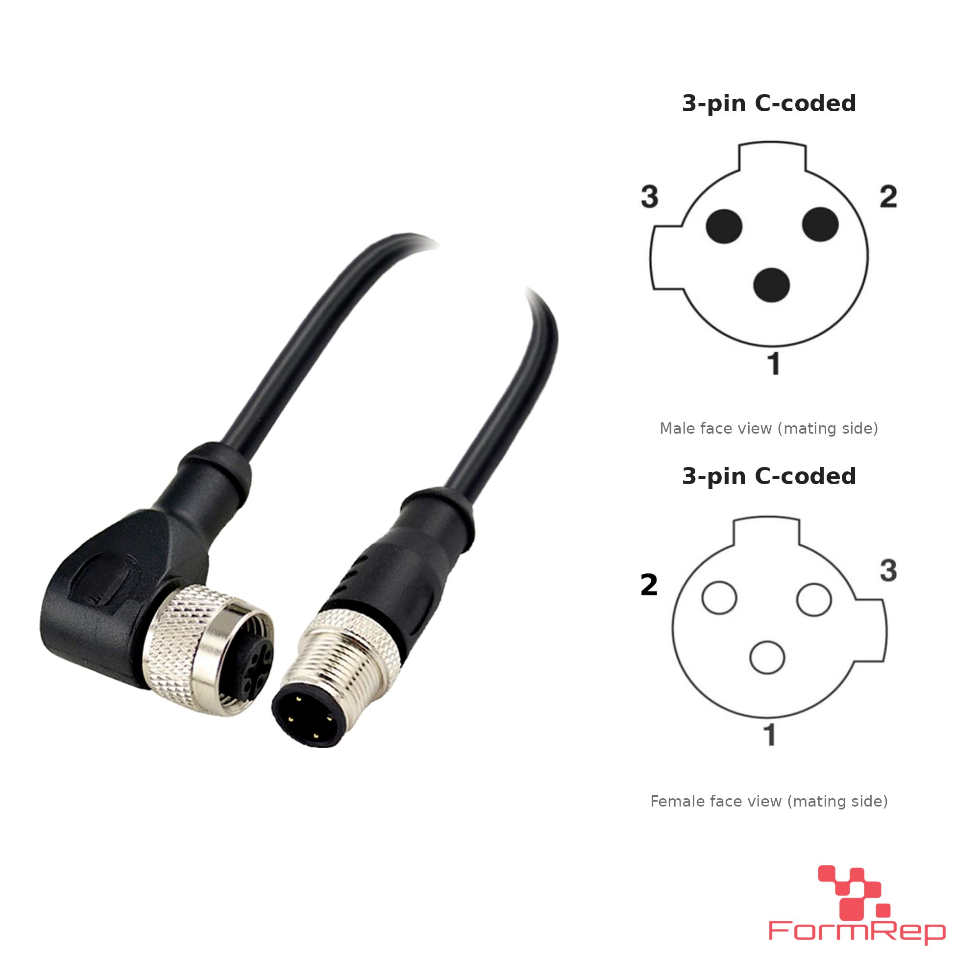 M12 C-Coded Male Straight to Female Right-Angle Cable, 3-pin, with pin layout M12 C-Coded Male Straight to Female Right-Angle Cable, 3-pin, with pin layout