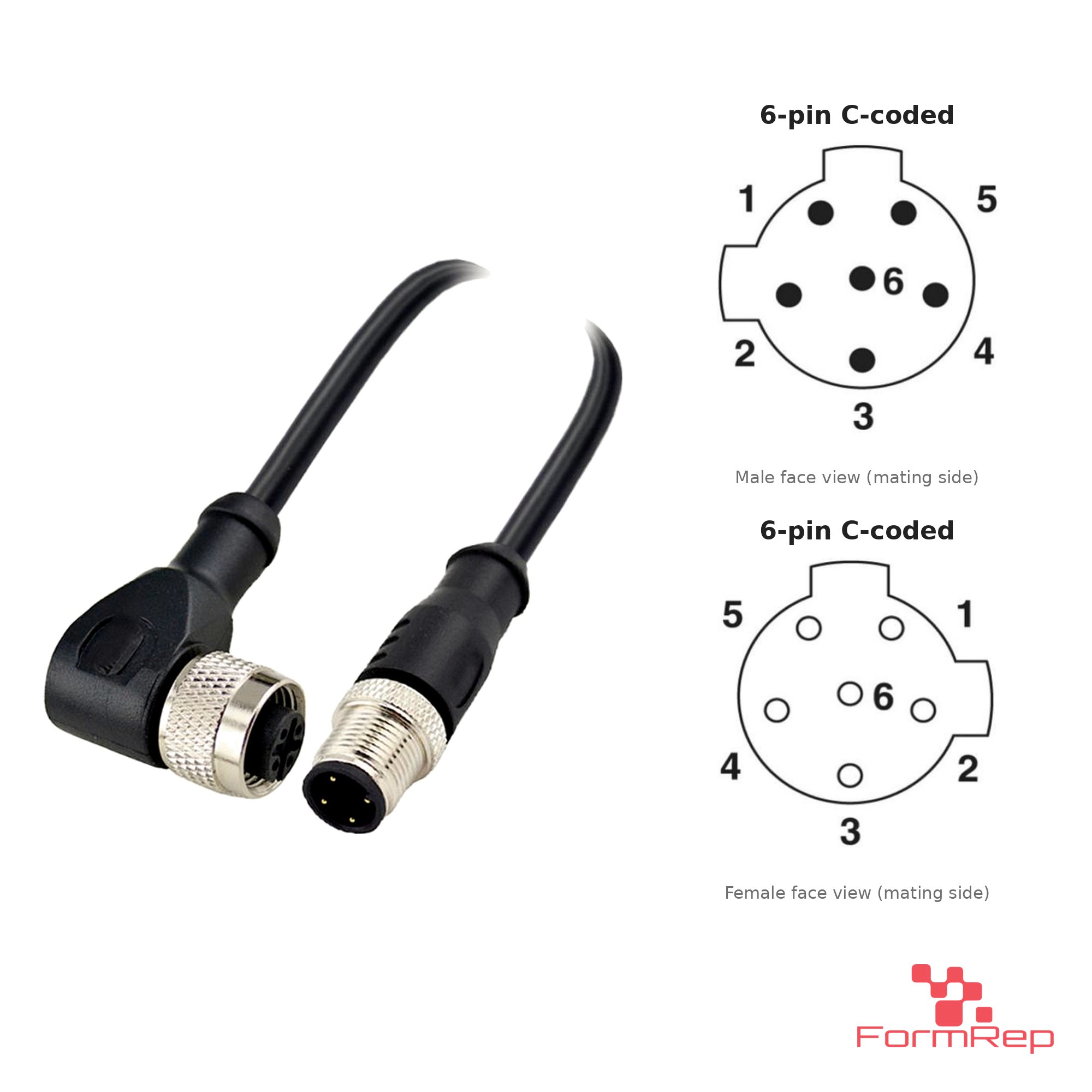 M12 C-Coded Male Straight to Female Right-Angle Cable, 6-pin, with pin layout M12 C-Coded Male Straight to Female Right-Angle Cable, 6-pin, with pin layout