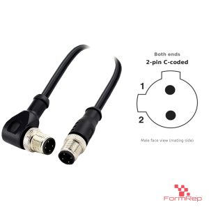 M12 C-Coded Male Straight to Male Right-Angle Cable, 2-pin, with pin layout