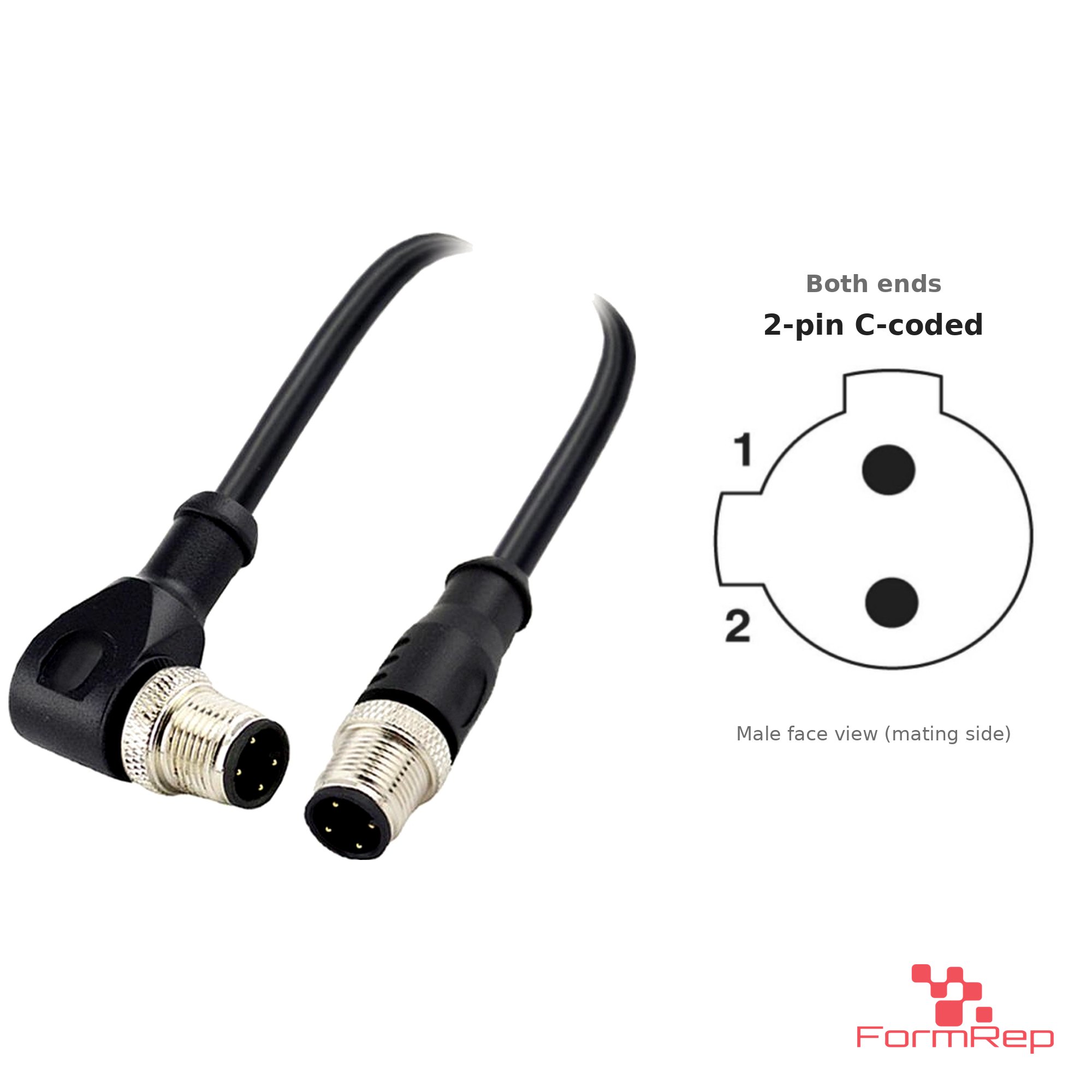 M12 C-Coded Male Straight to Male Right-Angle Cable, 2-pin, with pin layout