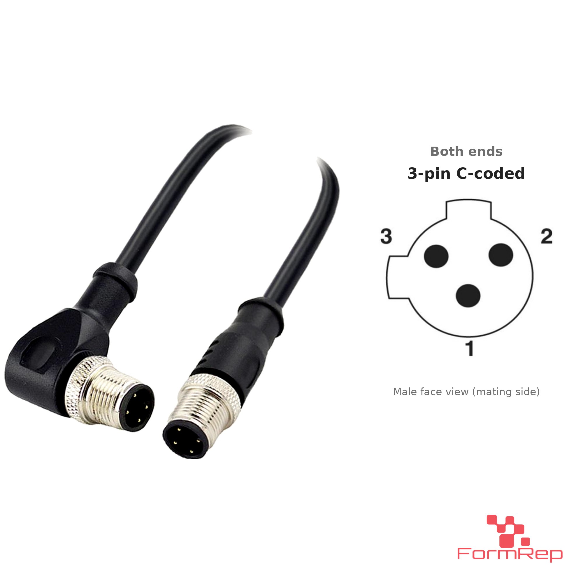 M12 C-Coded Male Straight to Male Right-Angle Cable, 3-pin, with pin layout
