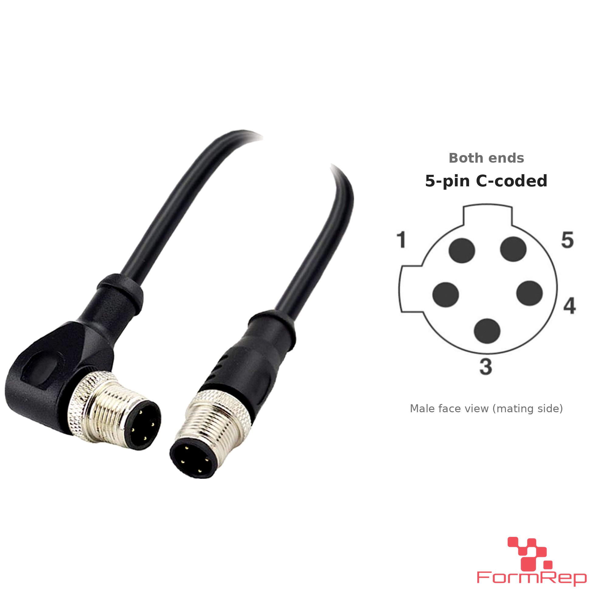 M12 C-Coded Male Straight to Male Right-Angle Cable, 5-pin, with pin layout