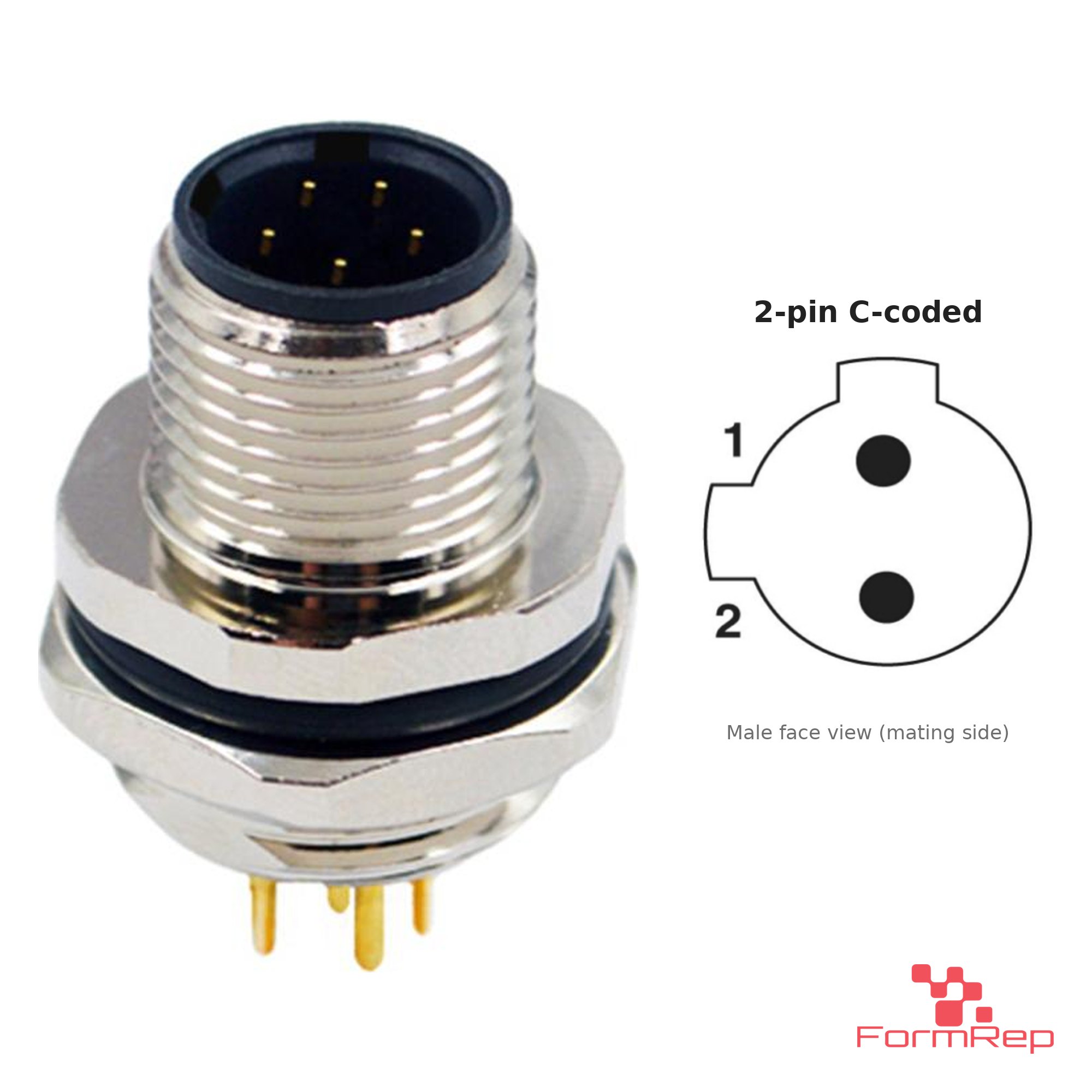 M12 C-Coded Panel-Mount Receptacle, PCB Pins, male straight, rear mount, 2P.jp-pin M12 C-Coded Panel-Mount Receptacle, PCB Pins, male straight, rear mount, 2P.jp-pin