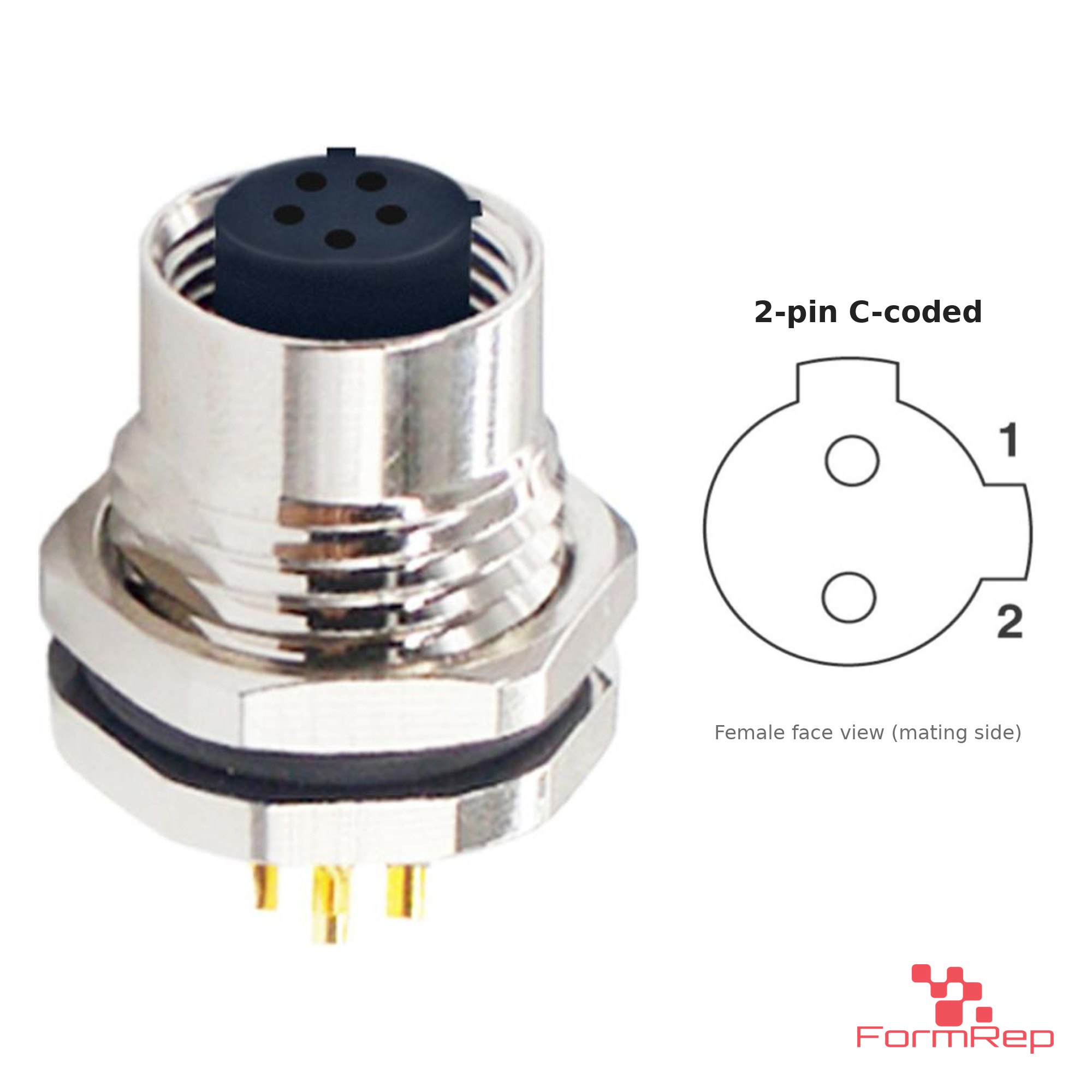 M12 C-Coded Panel-Mount Receptacle, Solder Cups, female straight, front mount, 2P.jp-pin M12 C-Coded Panel-Mount Receptacle, Solder Cups, female straight, front mount, 2P.jp-pin