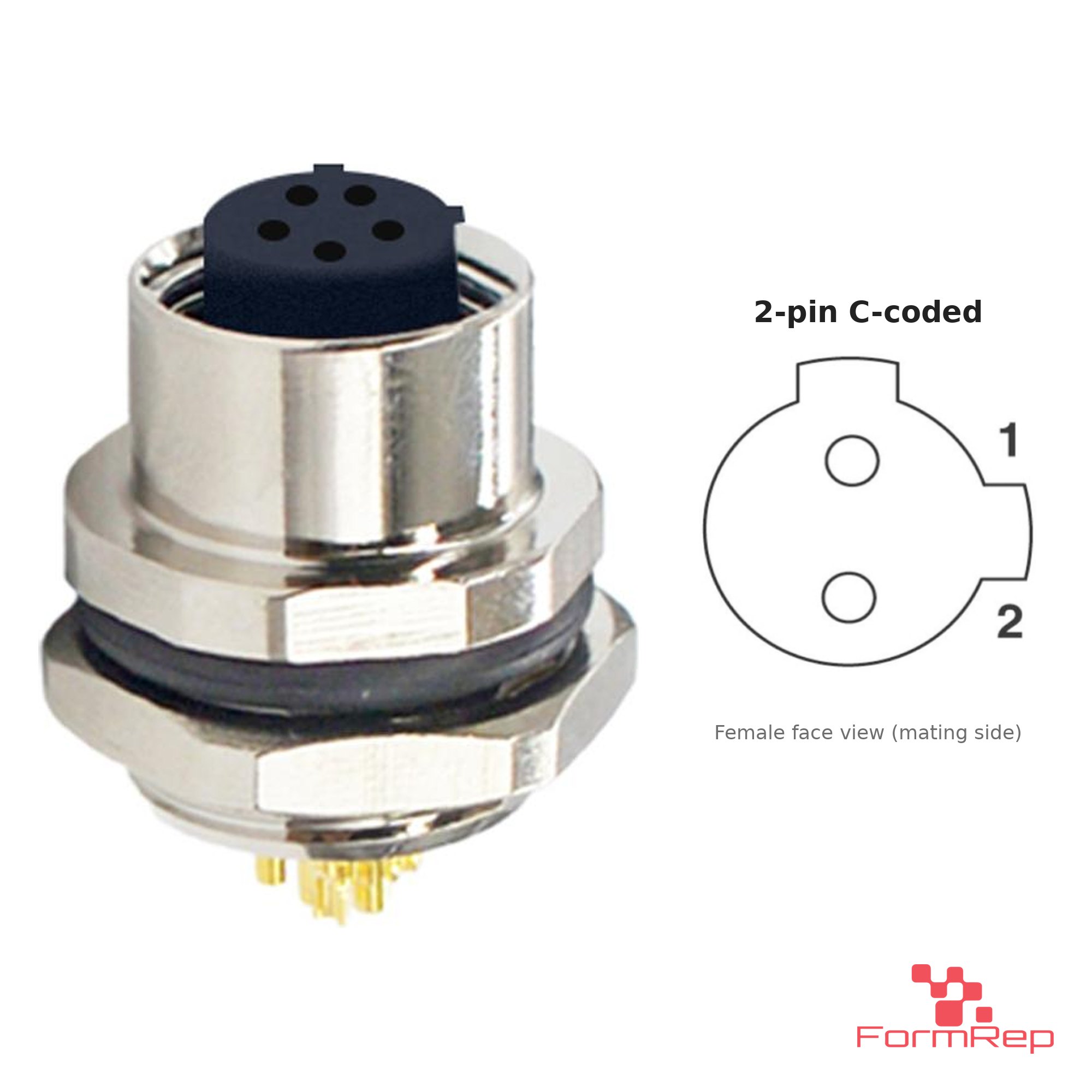 M12 C-Coded Panel-Mount Receptacle, Solder Cups, female straight, rear mount, 2P.jp-pin M12 C-Coded Panel-Mount Receptacle, Solder Cups, female straight, rear mount, 2P.jp-pin