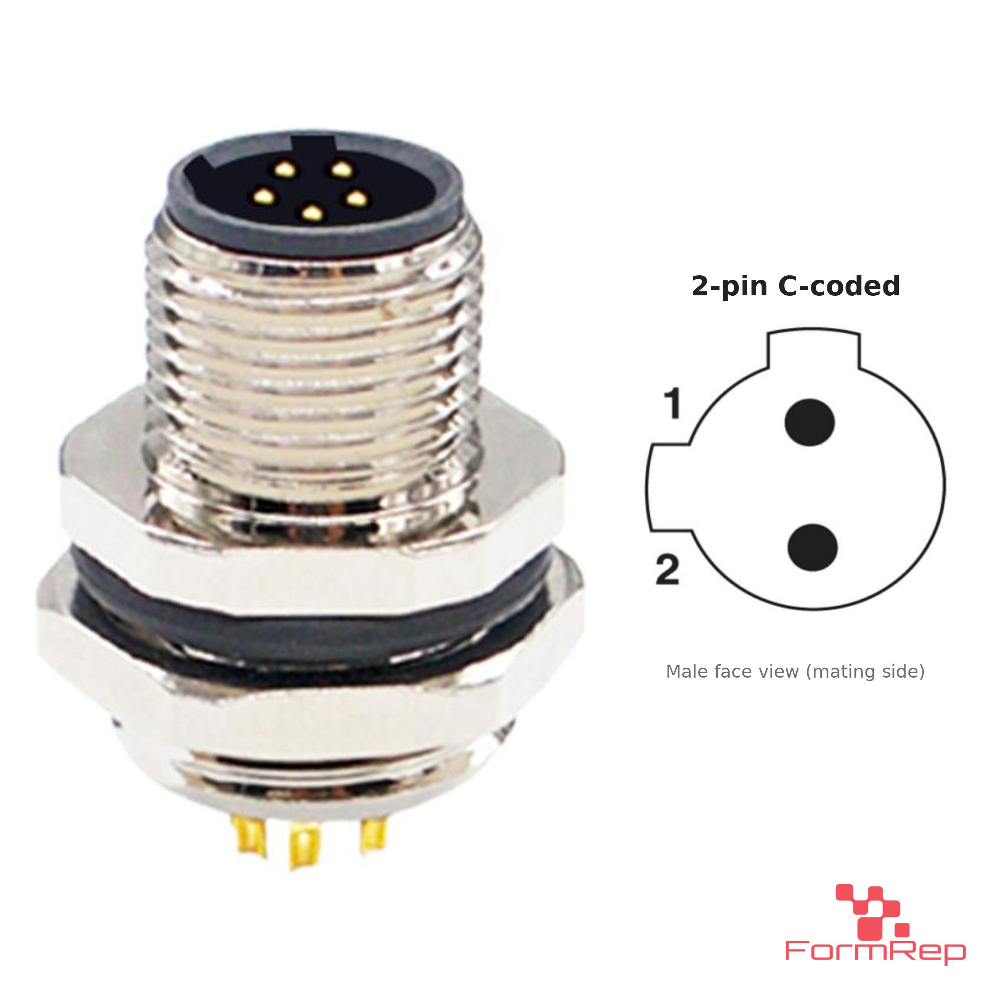 M12 C-Coded Panel-Mount Receptacle, Solder Cups, male straight, rear mount, 2P.jp-pin M12 C-Coded Panel-Mount Receptacle, Solder Cups, male straight, rear mount, 2P.jp-pin