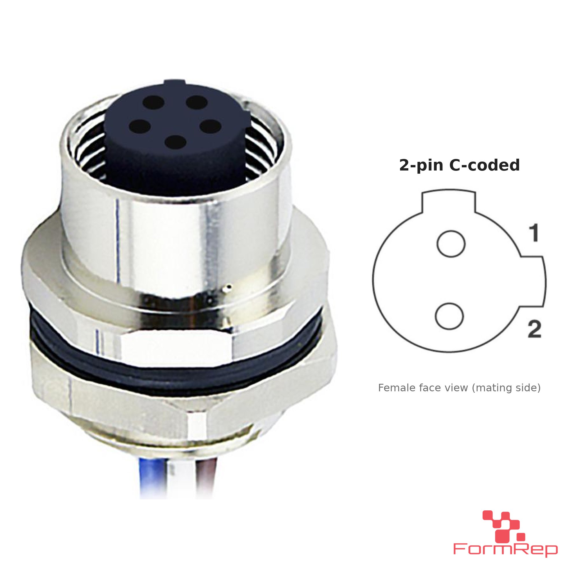 M12 C-Coded Panel-Mount Receptacle, Pre-Wired Leads, female straight, rear mount, 2P.jp-pin M12 C-Coded Panel-Mount Receptacle, Pre-Wired Leads, female straight, rear mount, 2P.jp-pin