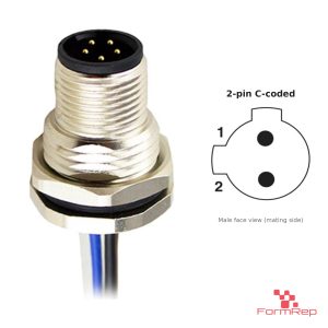 M12 C-Coded Panel-Mount Receptacle, Pre-Wired Leads, male straight, front mount, 2P.jp-pin