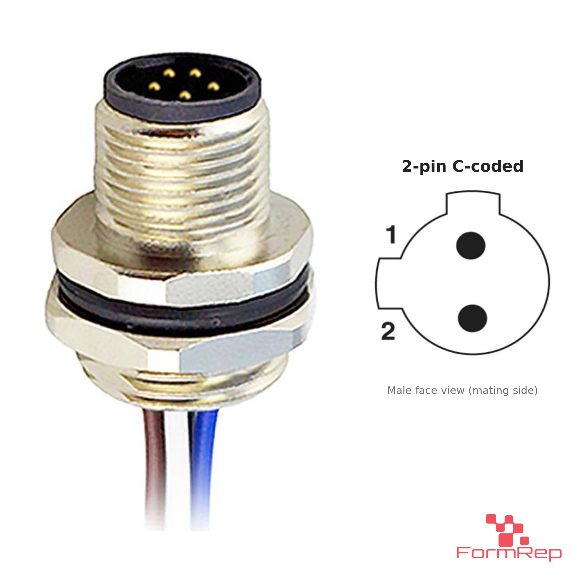 M12 C-Coded Panel-Mount Receptacle, Pre-Wired Leads, male straight, rear mount, 2P.jp-pin M12 C-Coded Panel-Mount Receptacle, Pre-Wired Leads, male straight, rear mount, 2P.jp-pin