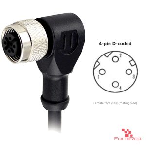 M12 D-Coded Female Right-Angle Molded Cable, Single-Ended, with pin layout