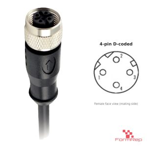 M12 D-Coded Female Straight Molded Cable, Single-Ended, with pin layout