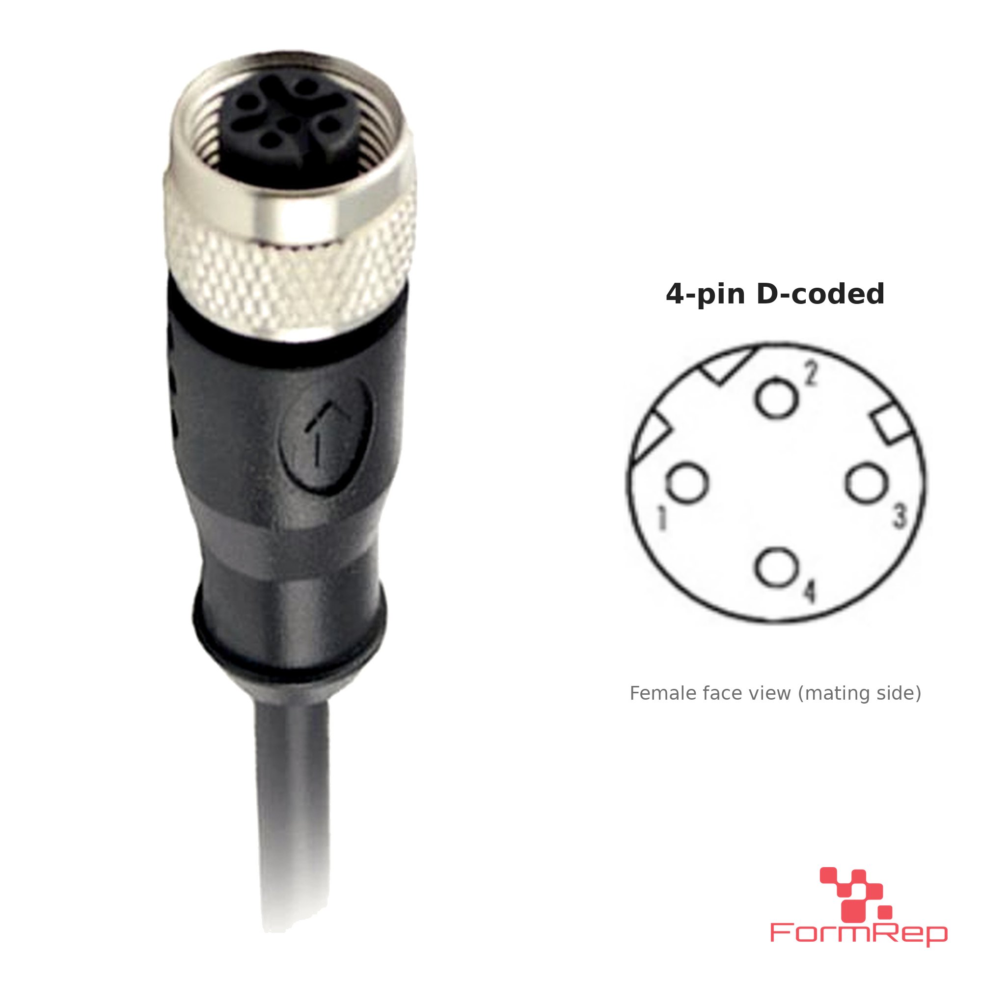 M12 D-Coded Female Straight Molded Cable, Single-Ended, with pin layout M12 D-Coded Female Straight Molded Cable, Single-Ended, with pin layout