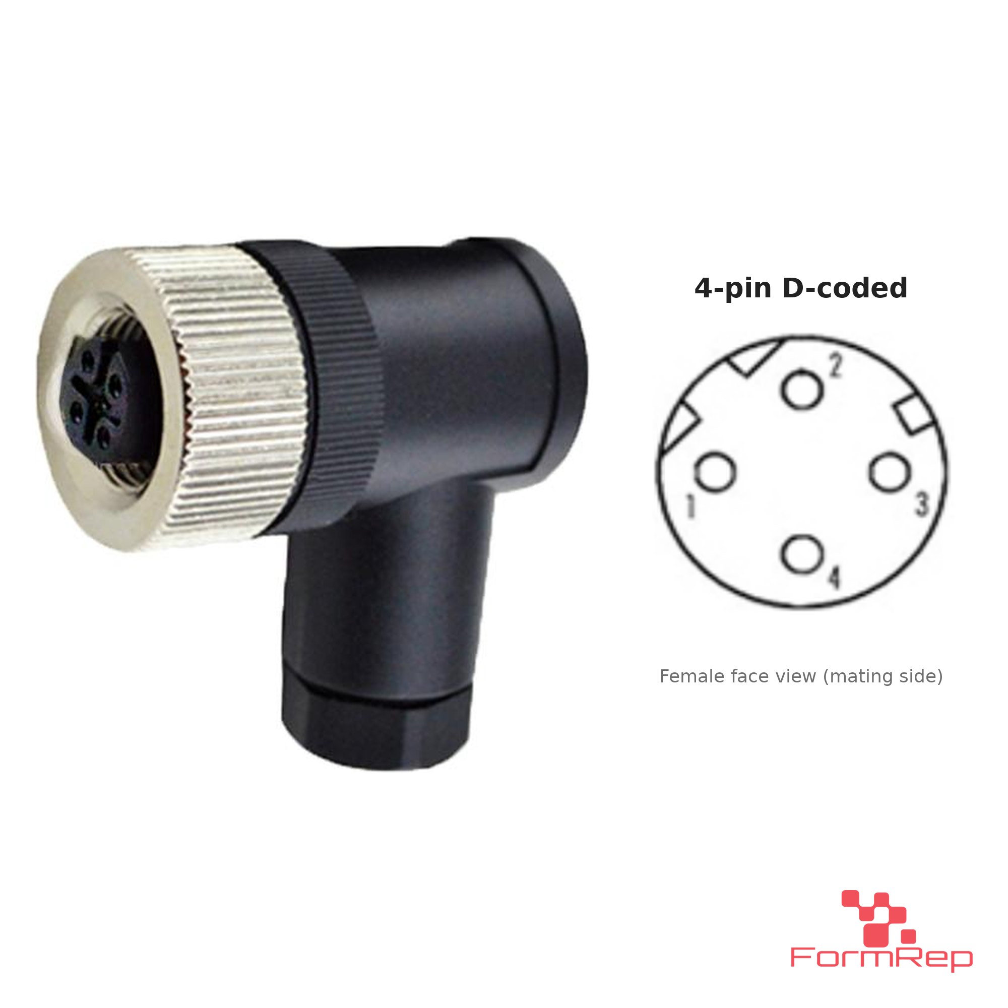 M12 D-Coded Field-Attachable Connector, Solder Termination, female right-angle M12 D-Coded Field-Attachable Connector, Solder Termination, female right-angle
