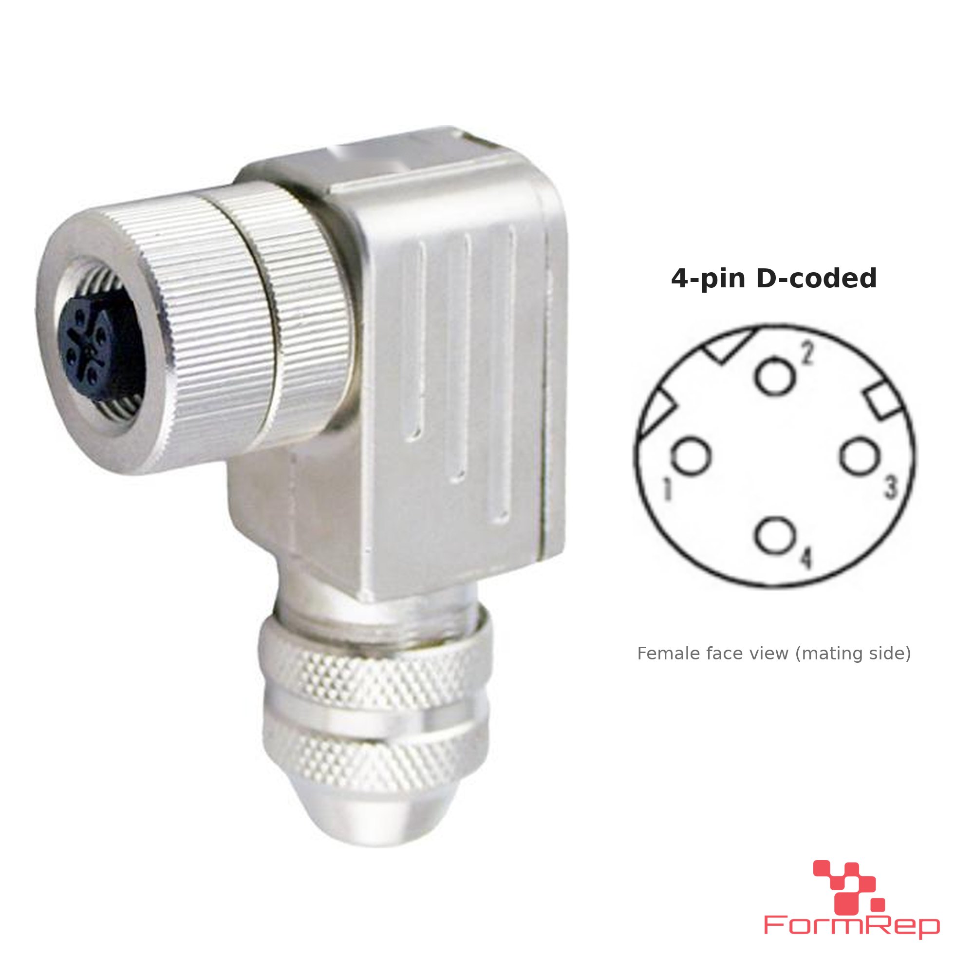 M12 D-Coded Field-Attachable Connector, Metal, Shielded, female right-angle M12 D-Coded Field-Attachable Connector, Metal, Shielded, female right-angle