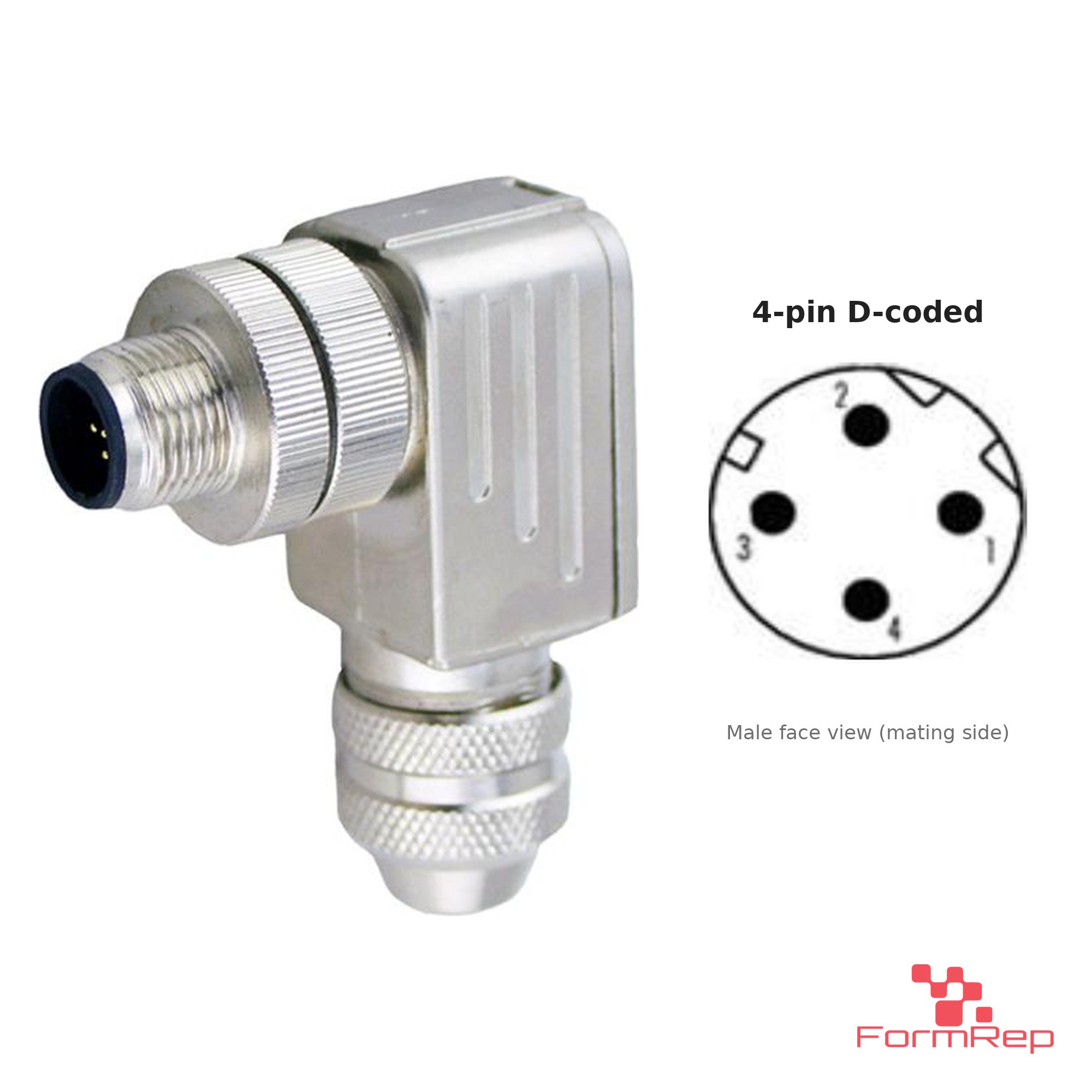 M12 D-Coded Field-Attachable Connector, Metal, Shielded, male right-angle M12 D-Coded Field-Attachable Connector, Metal, Shielded, male right-angle