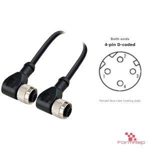 M12 D-Coded Female to Female Right-Angle Cable, with pin layout