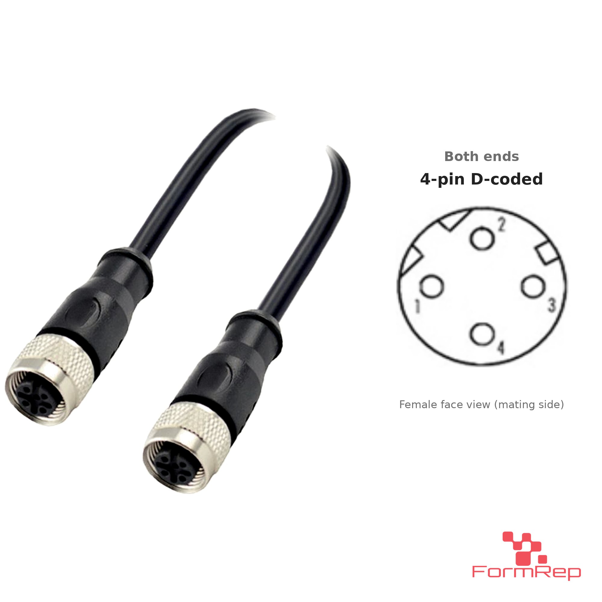 M12 D-Coded Female to Female Straight Cable, with pin layout