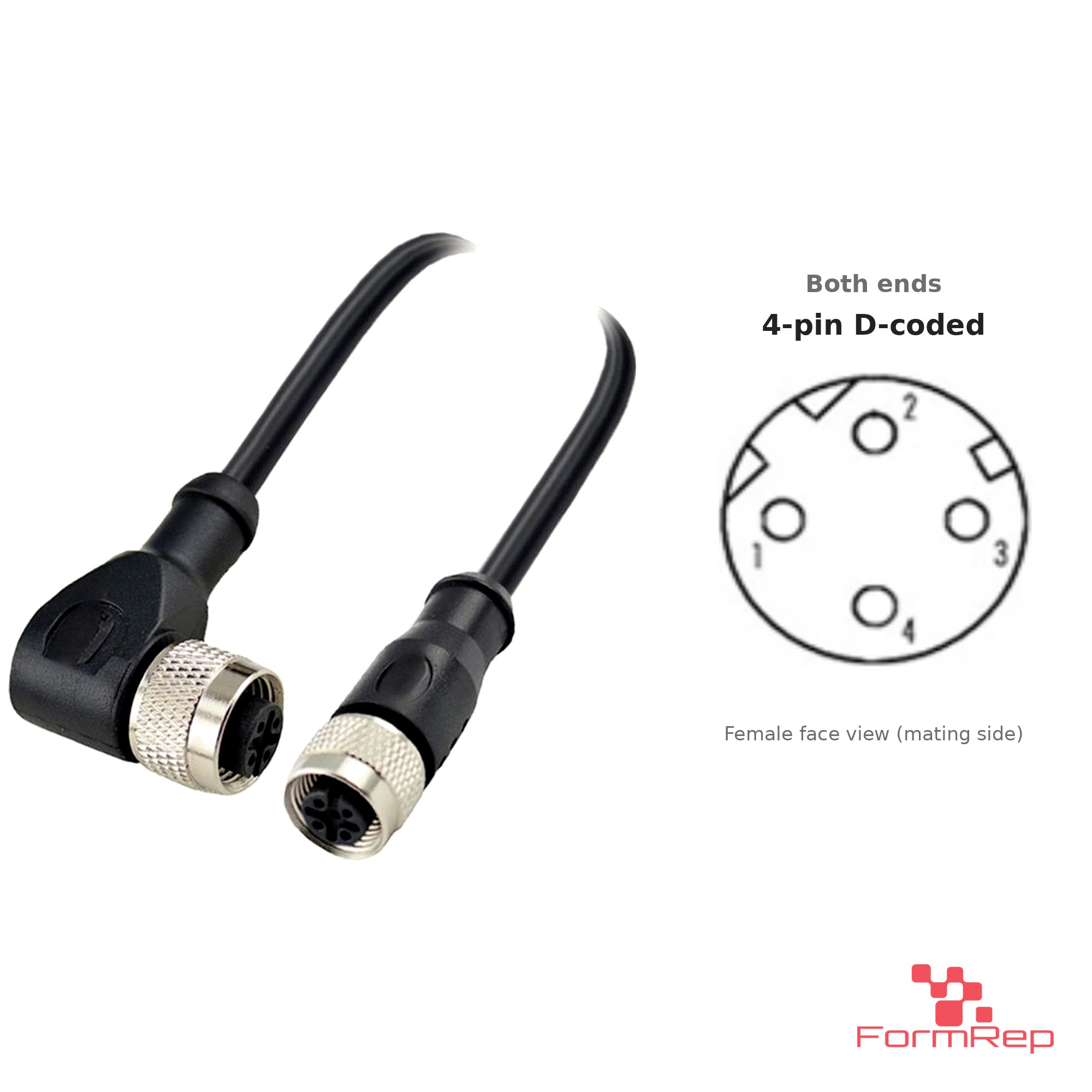 M12 D-Coded Female Straight to Female Right-Angle Cable, with pin layout