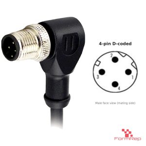 M12 D-Coded Male Right-Angle Molded Cable, Single-Ended, with pin layout