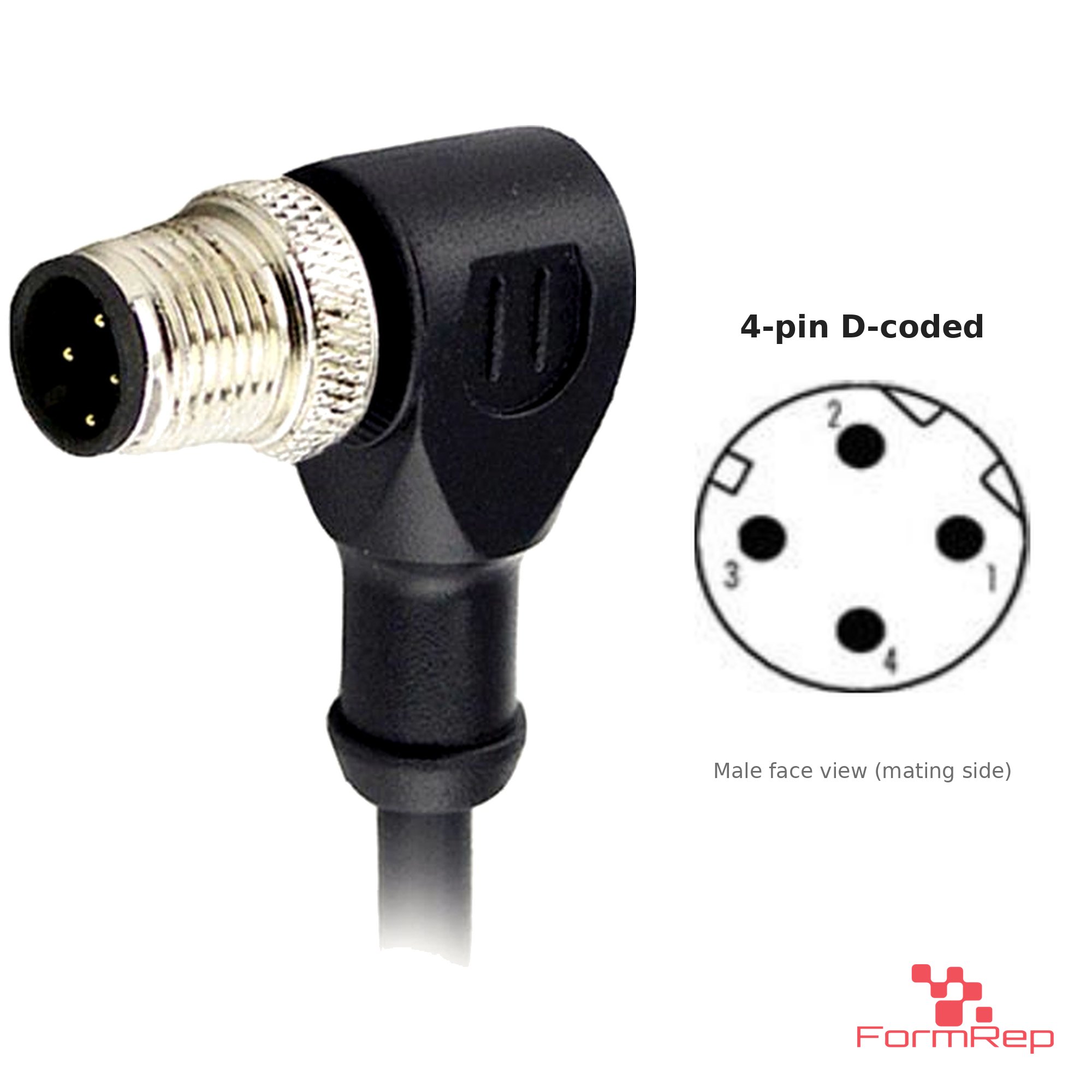 M12 D-Coded Male Right-Angle Molded Cable, Single-Ended, with pin layout M12 D-Coded Male Right-Angle Molded Cable, Single-Ended, with pin layout
