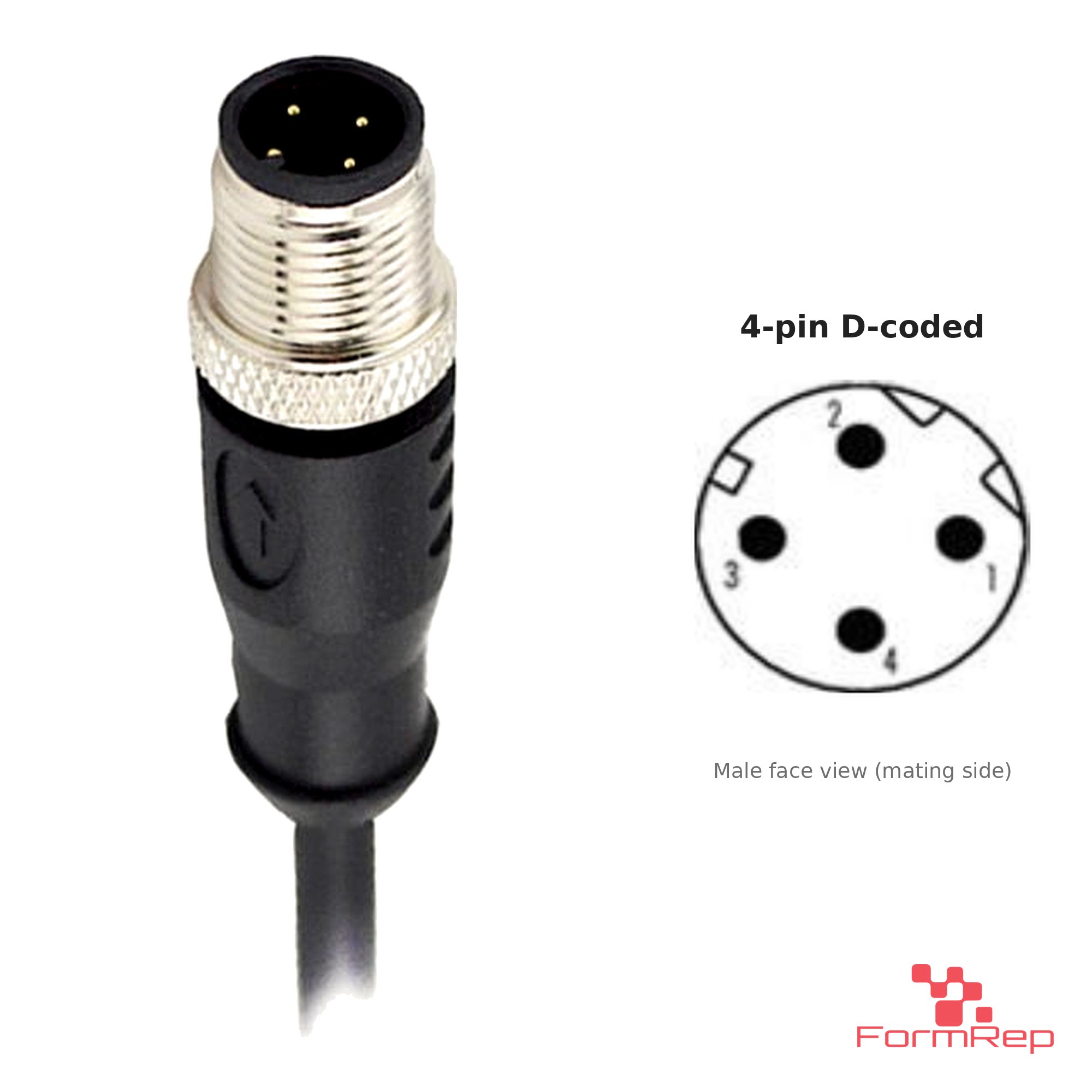 M12 D-Coded Male Straight Molded Cable, Single-Ended, with pin layout M12 D-Coded Male Straight Molded Cable, Single-Ended, with pin layout