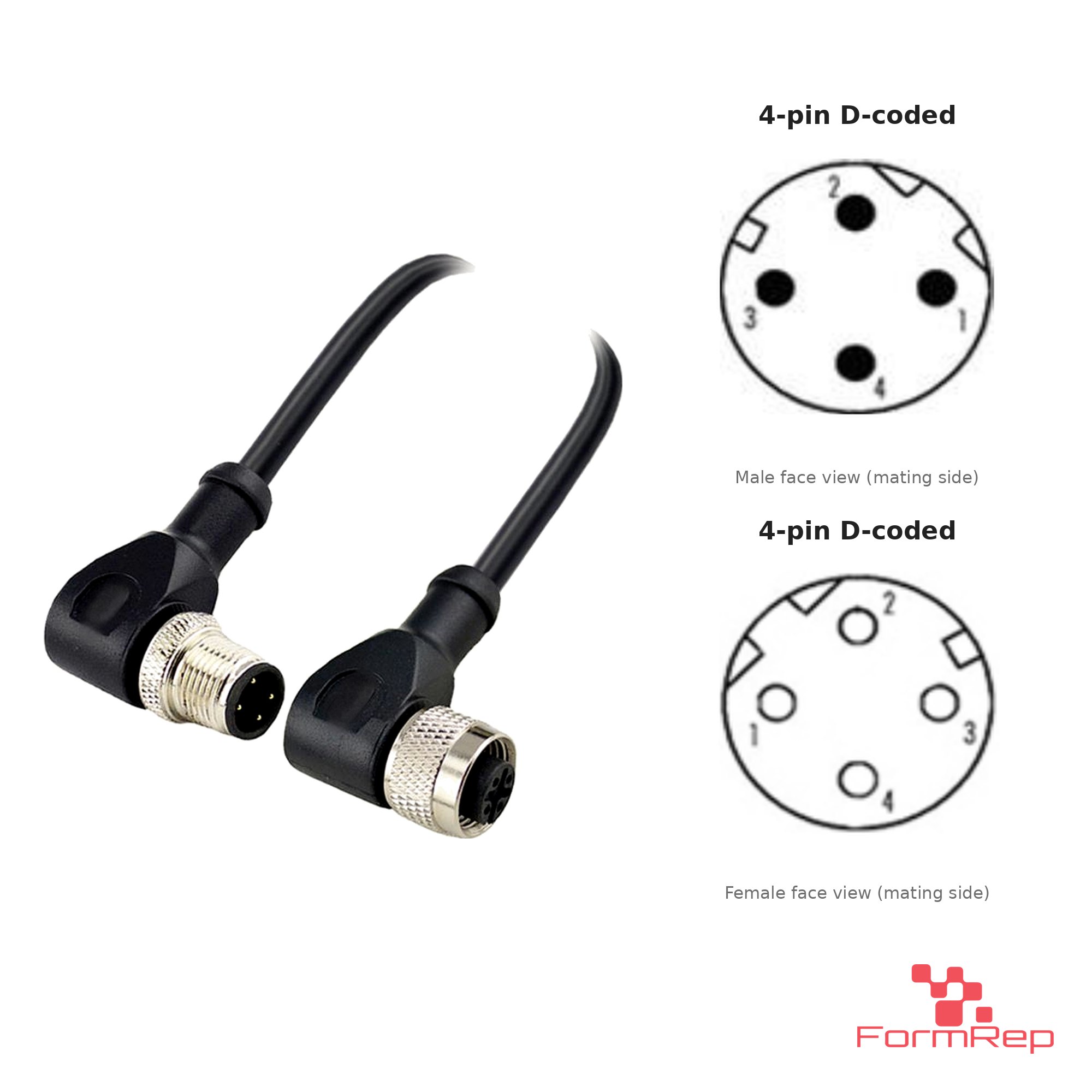 M12 D-Coded Male Right-Angle to Female Right-Angle Cable, with pin layout M12 D-Coded Male Right-Angle to Female Right-Angle Cable, with pin layout
