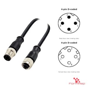 M12 D-Coded Male to Female Straight Extension Cable, with pin layout