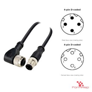 M12 D-Coded Male Straight to Female Right-Angle Cable, with pin layout