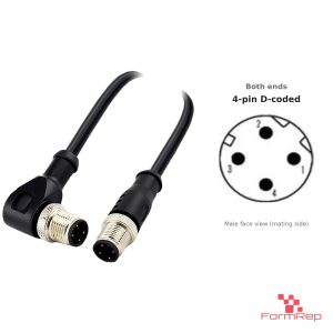 M12 D-Coded Male Straight to Male Right-Angle Cable, with pin layout