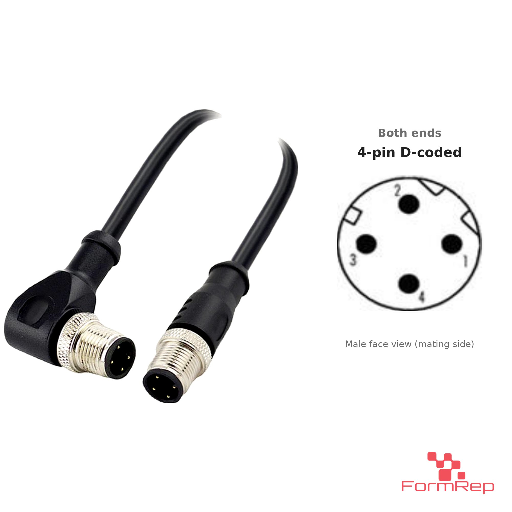 M12 D-Coded Male Straight to Male Right-Angle Cable, with pin layout