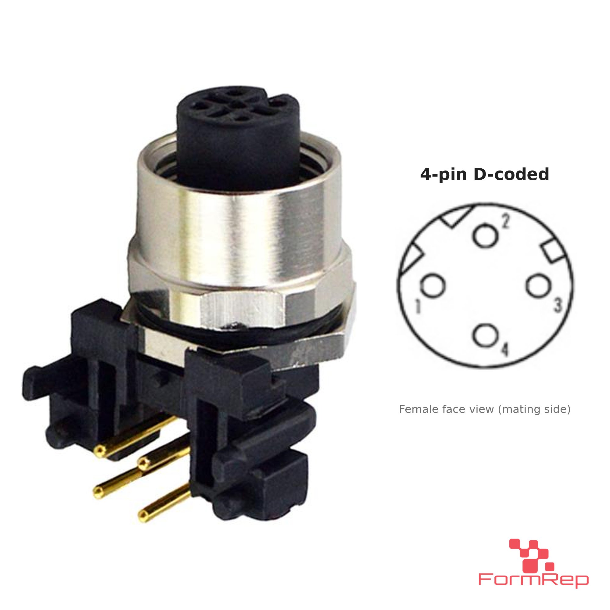 M12 D-Coded Panel-Mount Receptacle, PCB Pins, female right-angle, front mount M12 D-Coded Panel-Mount Receptacle, PCB Pins, female right-angle, front mount