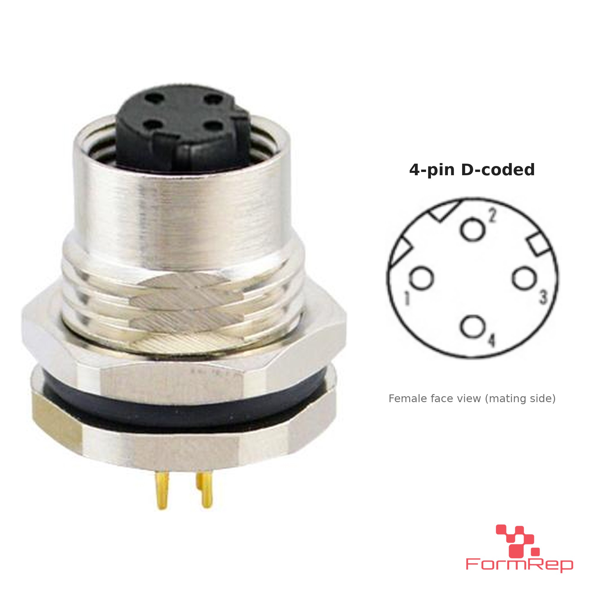M12 D-Coded Panel-Mount Receptacle, PCB Pins, female straight, front mount M12 D-Coded Panel-Mount Receptacle, PCB Pins, female straight, front mount