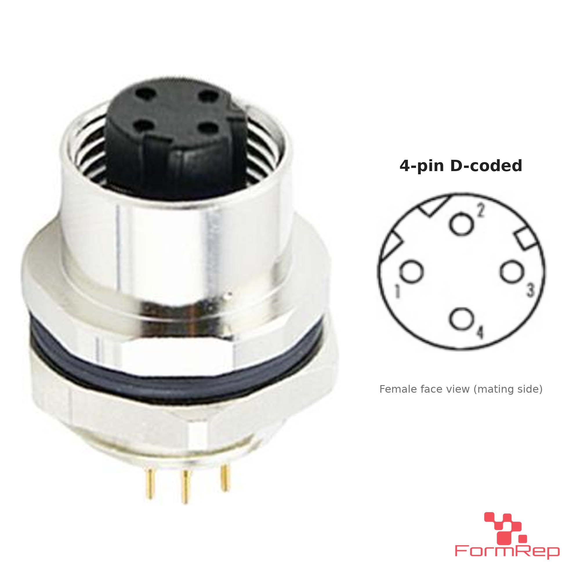 M12 D-Coded Panel-Mount Receptacle, PCB Pins, female straight, rear mount M12 D-Coded Panel-Mount Receptacle, PCB Pins, female straight, rear mount