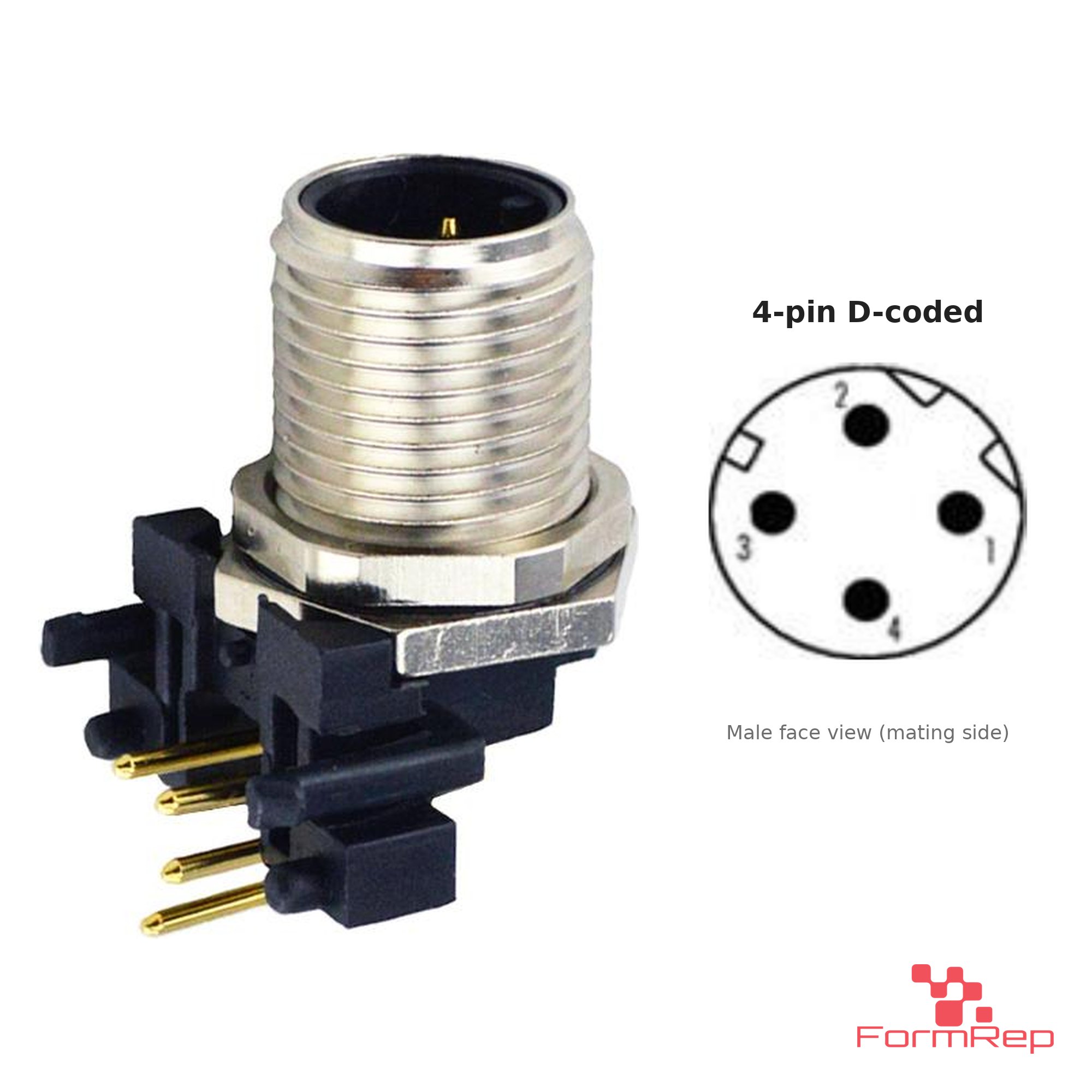M12 D-Coded Panel-Mount Receptacle, PCB Pins, male right-angle, front mount M12 D-Coded Panel-Mount Receptacle, PCB Pins, male right-angle, front mount