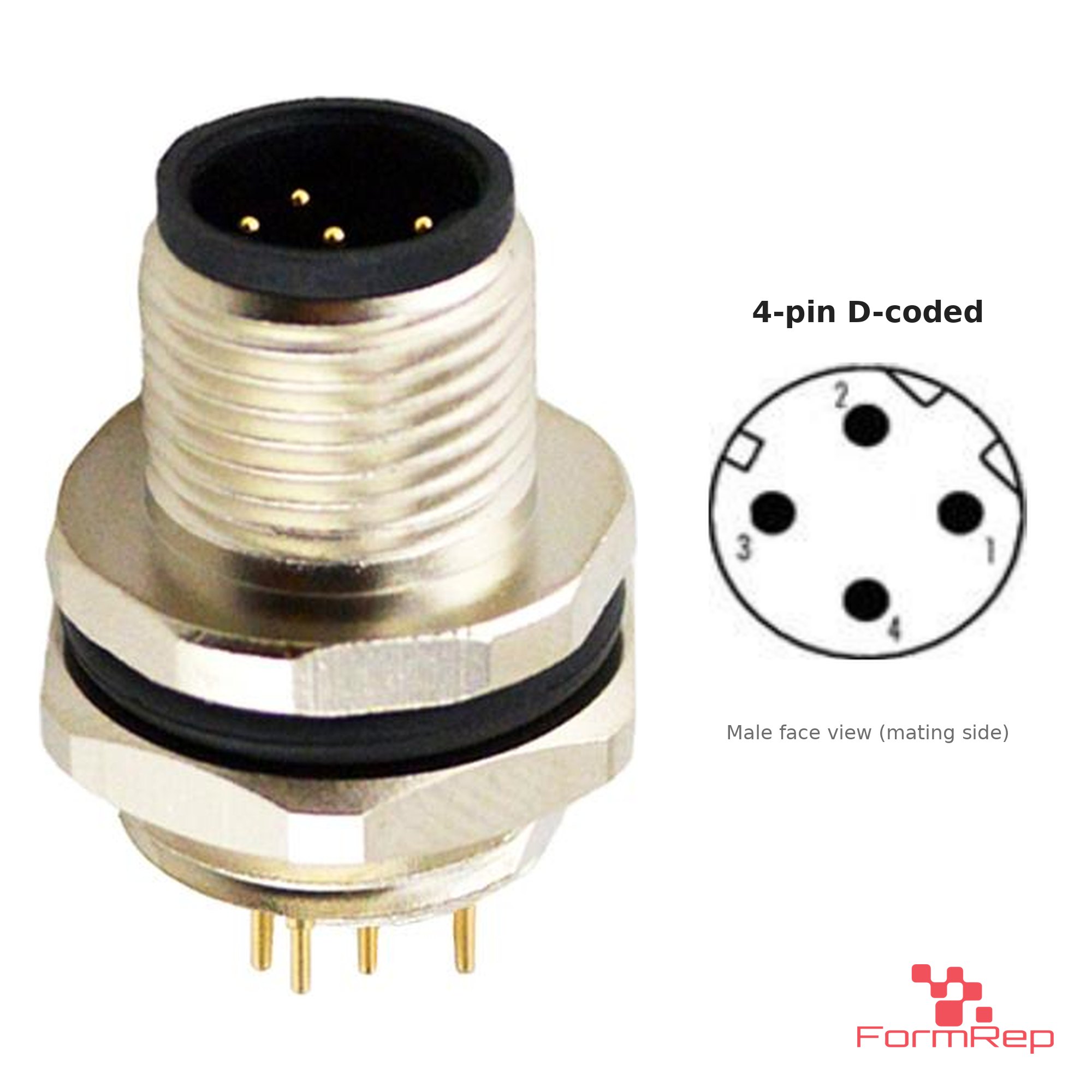 M12 D-Coded Panel-Mount Receptacle, PCB Pins, male straight, rear mount M12 D-Coded Panel-Mount Receptacle, PCB Pins, male straight, rear mount