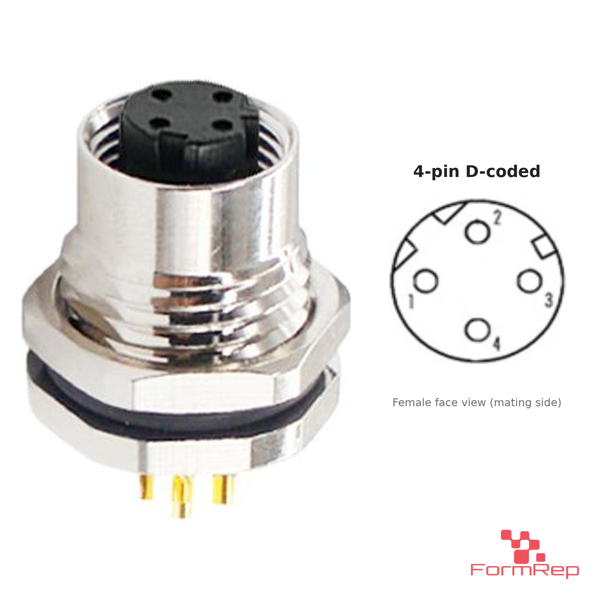 M12 D-Coded Panel-Mount Receptacle, Solder Cups, female straight, front mount M12 D-Coded Panel-Mount Receptacle, Solder Cups, female straight, front mount