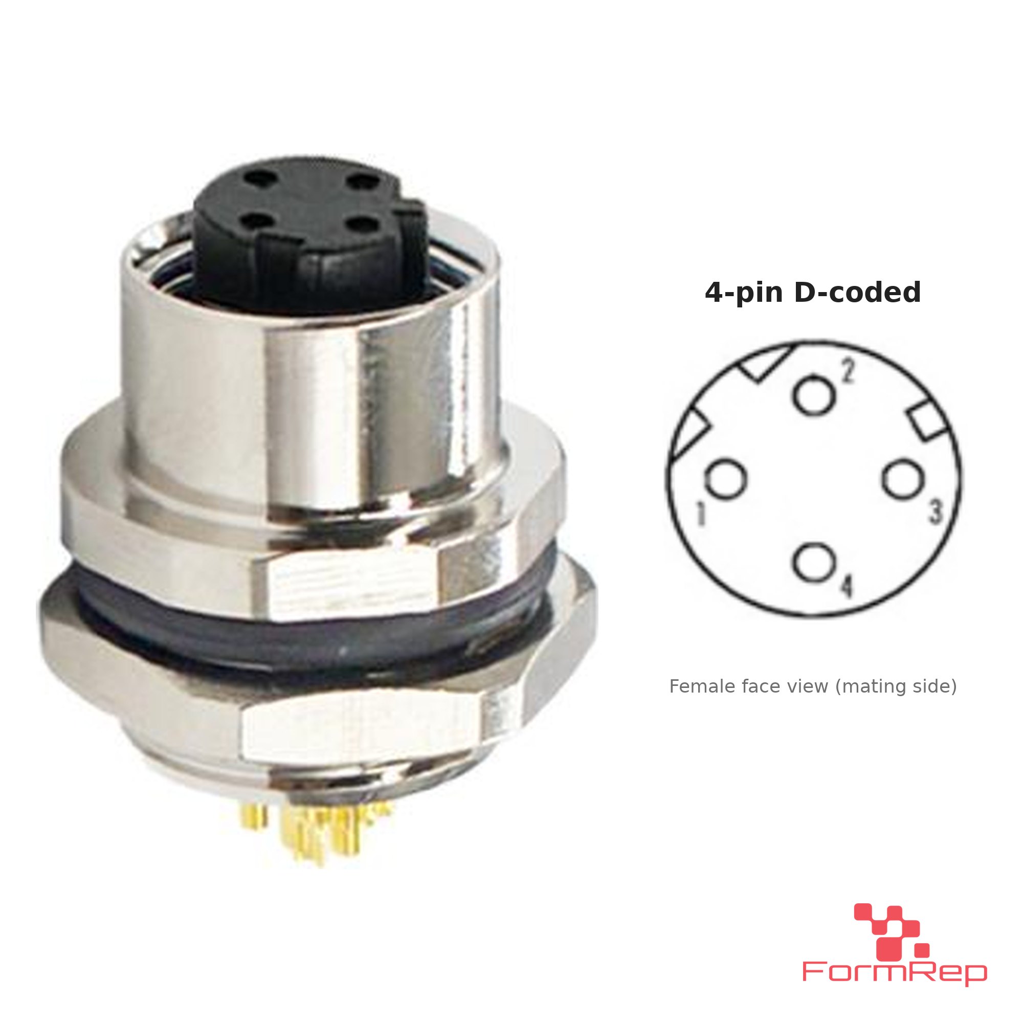 M12 D-Coded Panel-Mount Receptacle, Solder Cups, female straight, rear mount M12 D-Coded Panel-Mount Receptacle, Solder Cups, female straight, rear mount