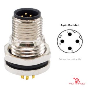 M12 D-Coded Panel-Mount Receptacle, Solder Cups, male straight, front mount