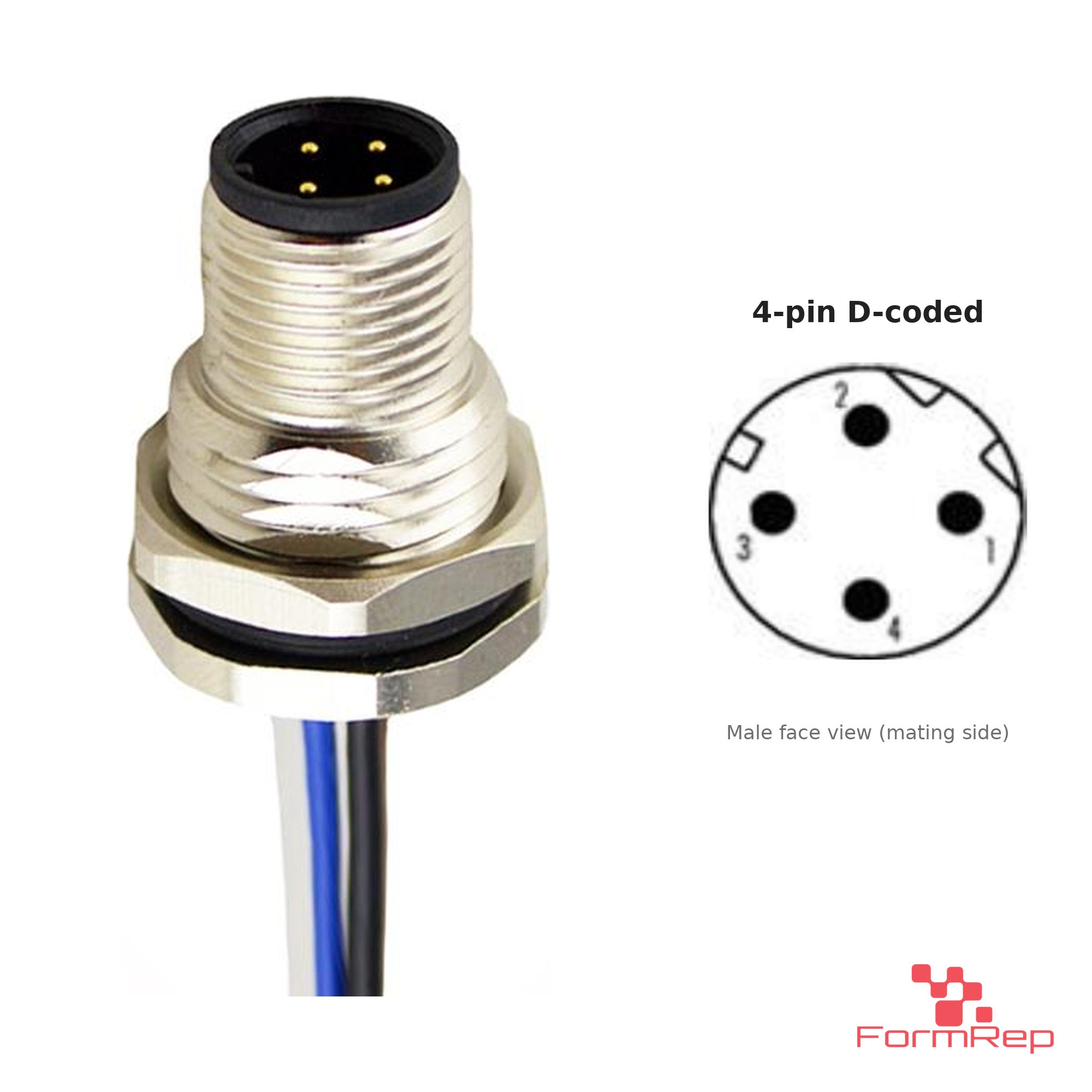 M12 D-Coded Panel-Mount Receptacle, Pre-Wired Leads, male straight, front mount M12 D-Coded Panel-Mount Receptacle, Pre-Wired Leads, male straight, front mount